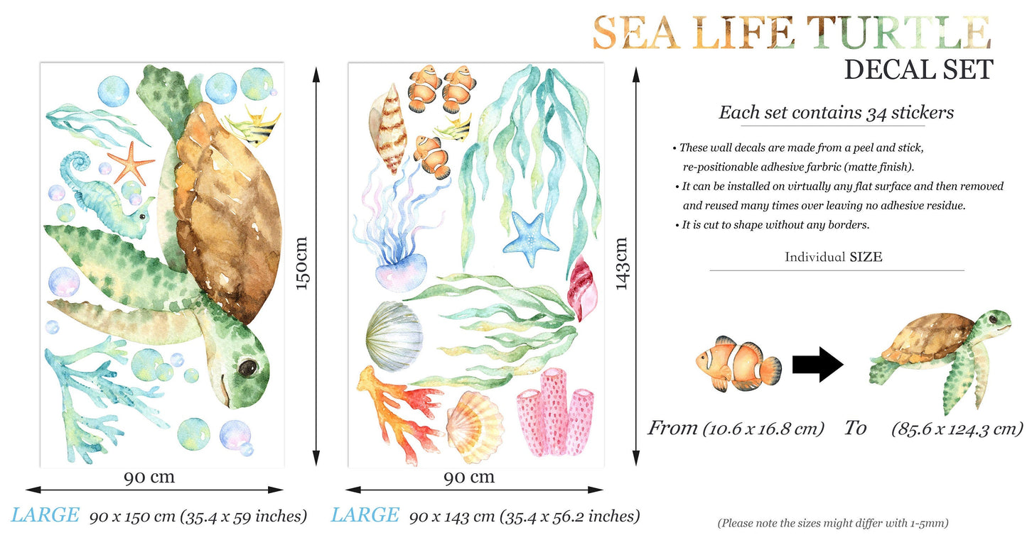 Watercolor Green Turtle in Underwater World Wall Decal - Removable Peel and Stick - BR039