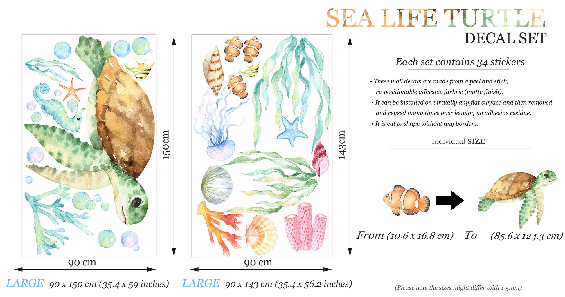 Watercolor Green Turtle in Underwater World Wall Decal - Removable Peel and Stick - BR039