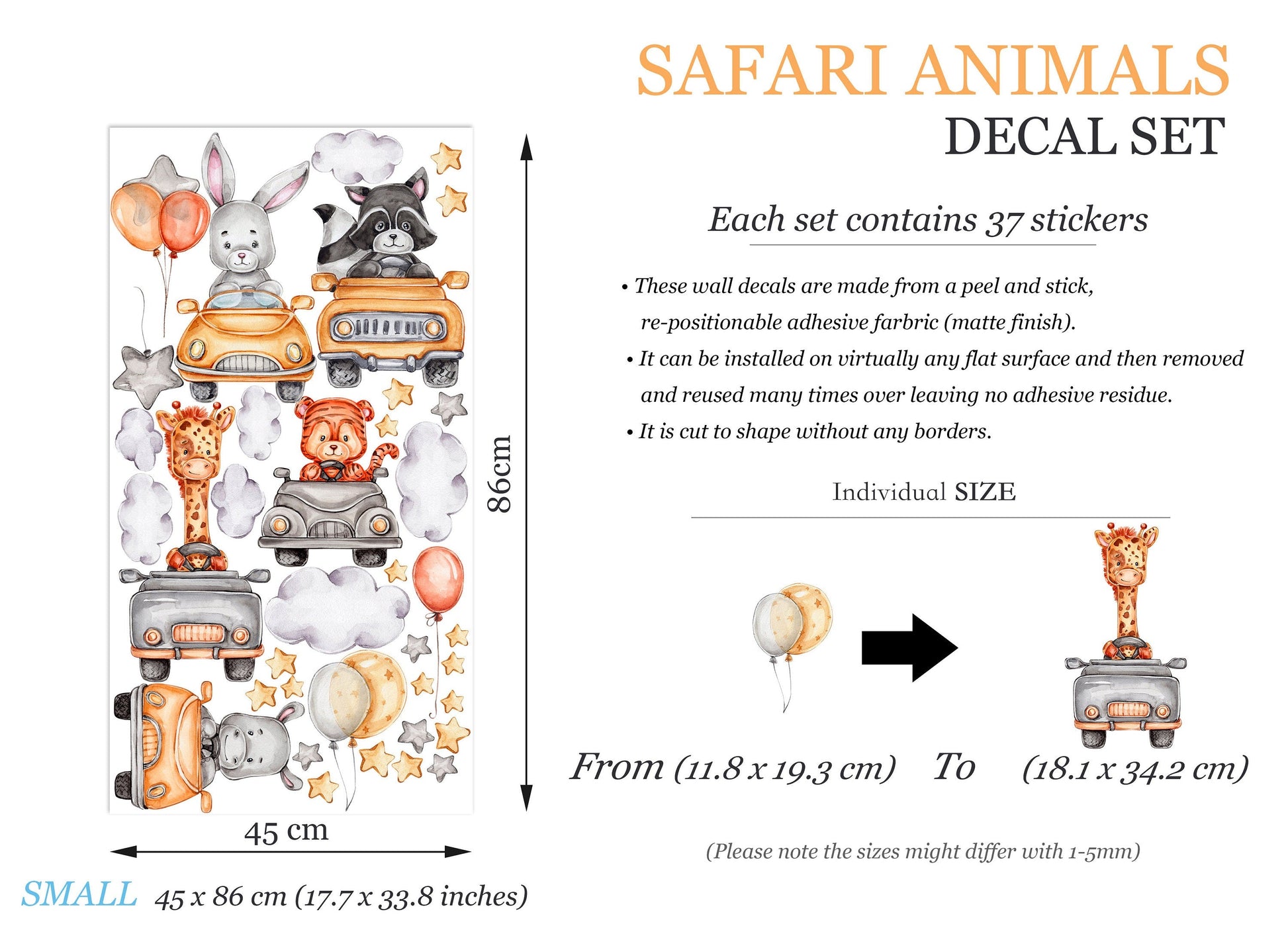 Animal Car Ride Wall Decal - Giraffe Rabbit Cow Tiger Raccoon - BR274