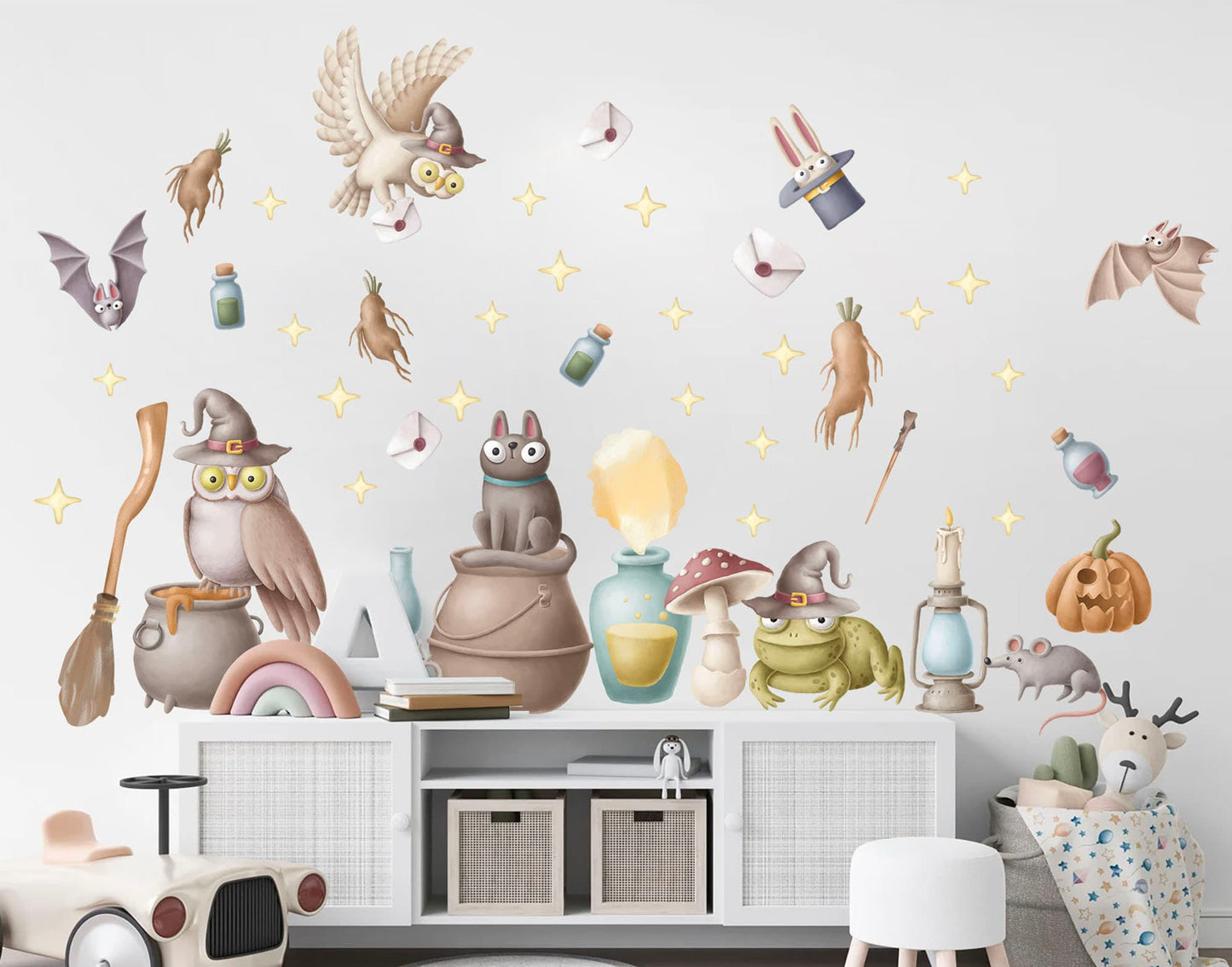 Enchanted Magic Academy Wall Decal -  Eagles Brooms Potion Bottles Wands & Hats - BR286