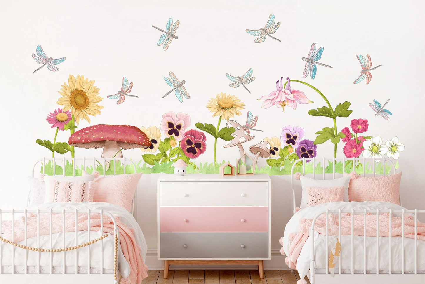 Jungle Wildlife and Flora Wall Decal - Sunflower Mushroom Flying Dragonflies - Kids Room Decor - BR288