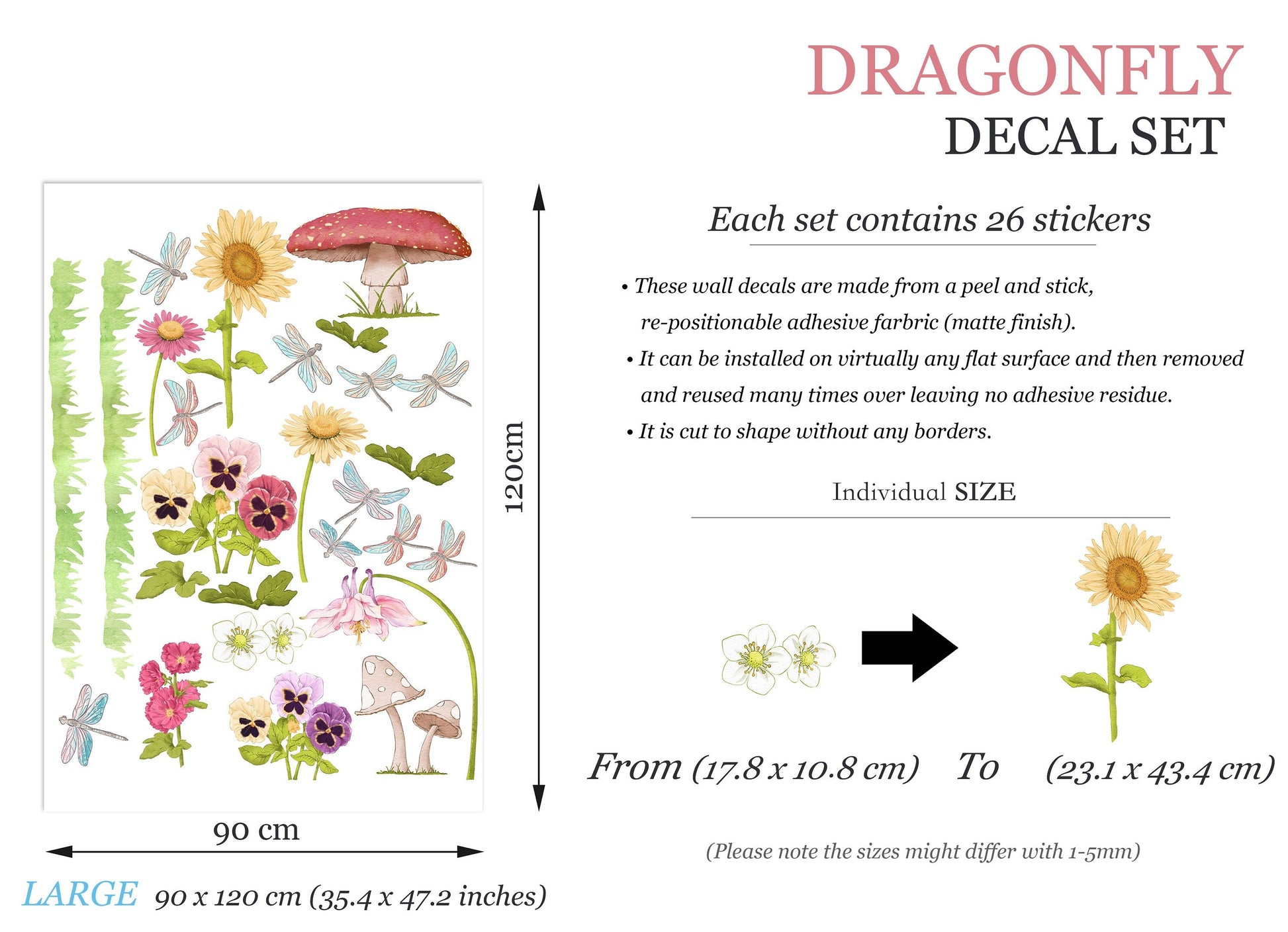 Jungle Wildlife and Flora Wall Decal - Sunflower Mushroom Flying Dragonflies - Kids Room Decor - BR288