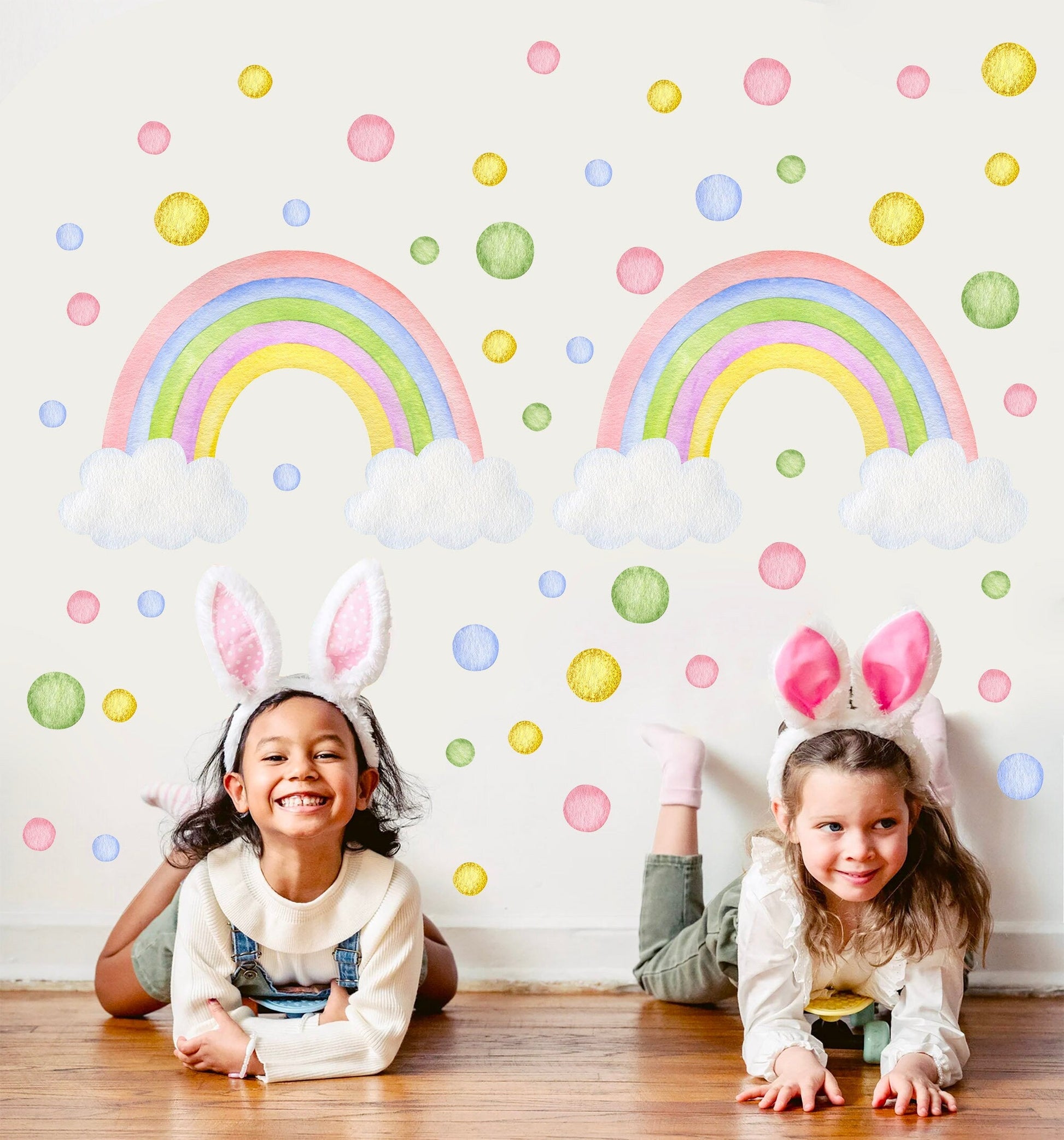 Pink Rainbow bubble dot Girl Bedroom Decal Wall - Repositionable Peel and Stick Fabric Wall Stickers - BR278