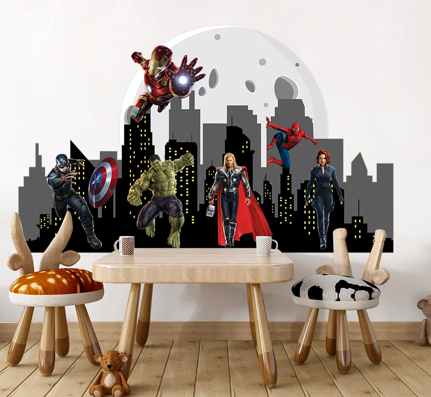 Marvel Heroes Cityscape Skyline Silhouette Wall Decal - Hulk Spiderman Captain America