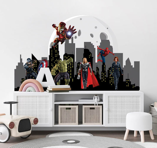 Marvel Heroes Cityscape Skyline Silhouette Wall Decal - Hulk Spiderman Captain America