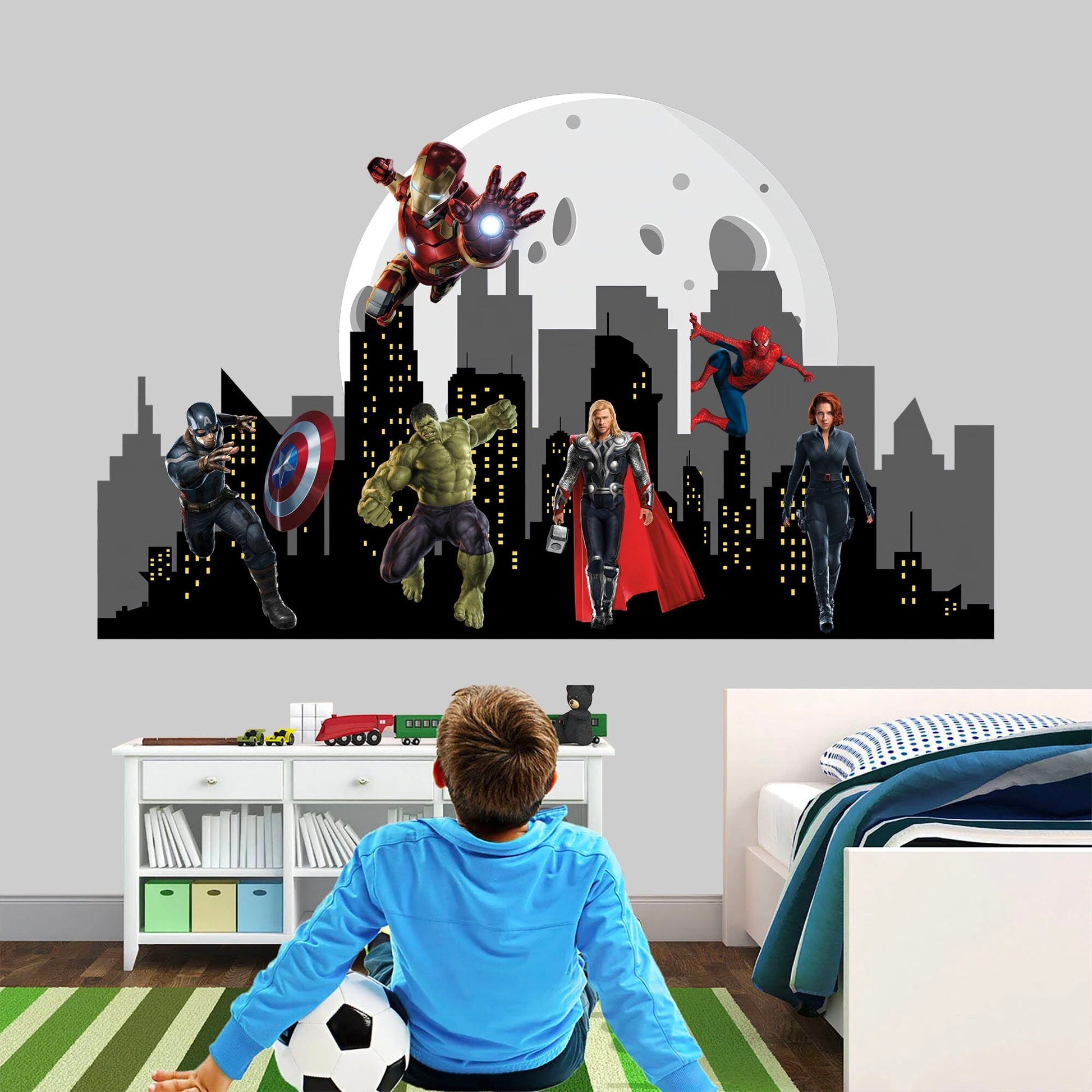 Marvel Heroes Cityscape Skyline Silhouette Wall Decal - Hulk Spiderman Captain America
