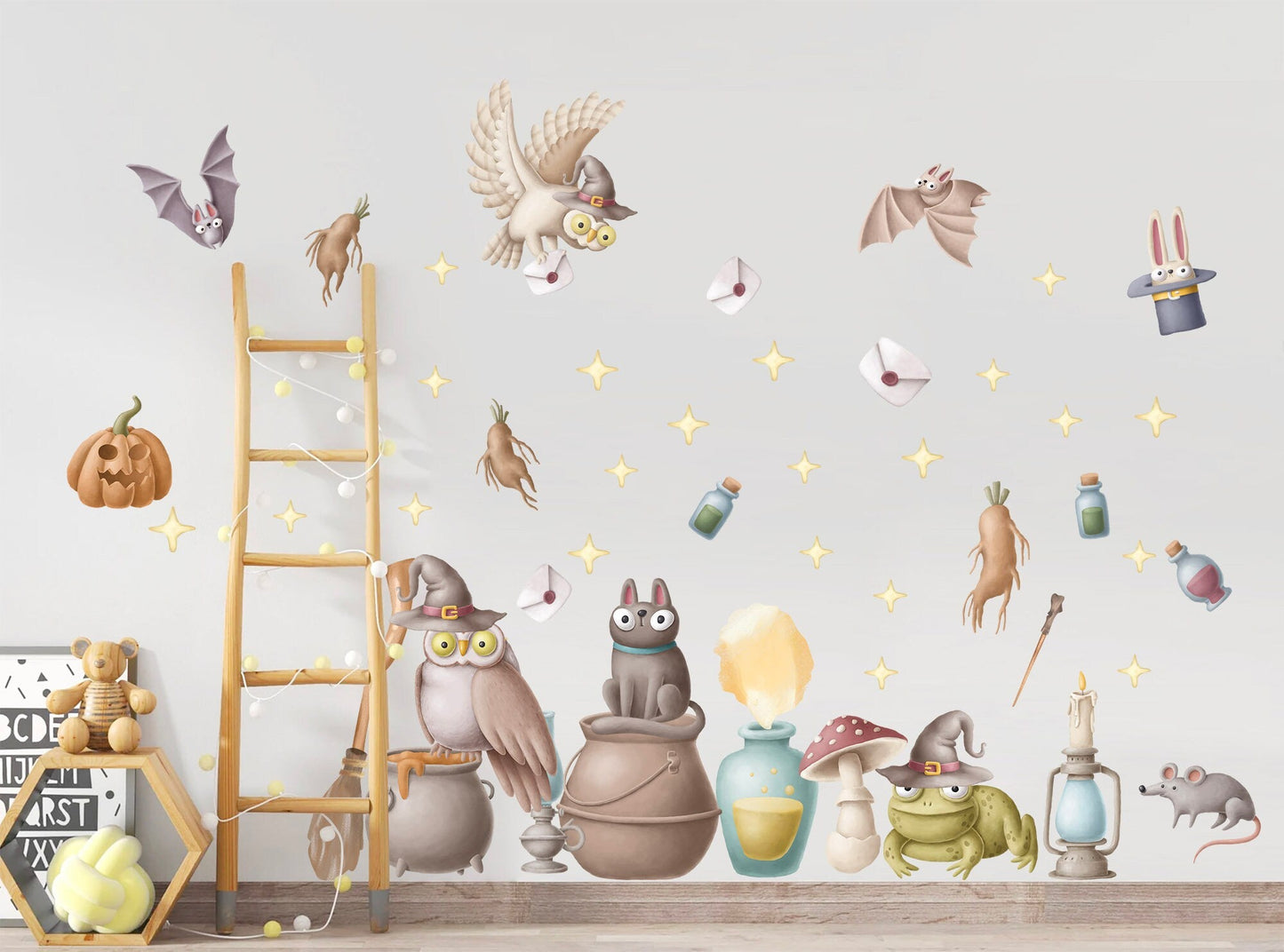 Enchanted Magic Academy Wall Decal -  Eagles Brooms Potion Bottles Wands & Hats - BR286