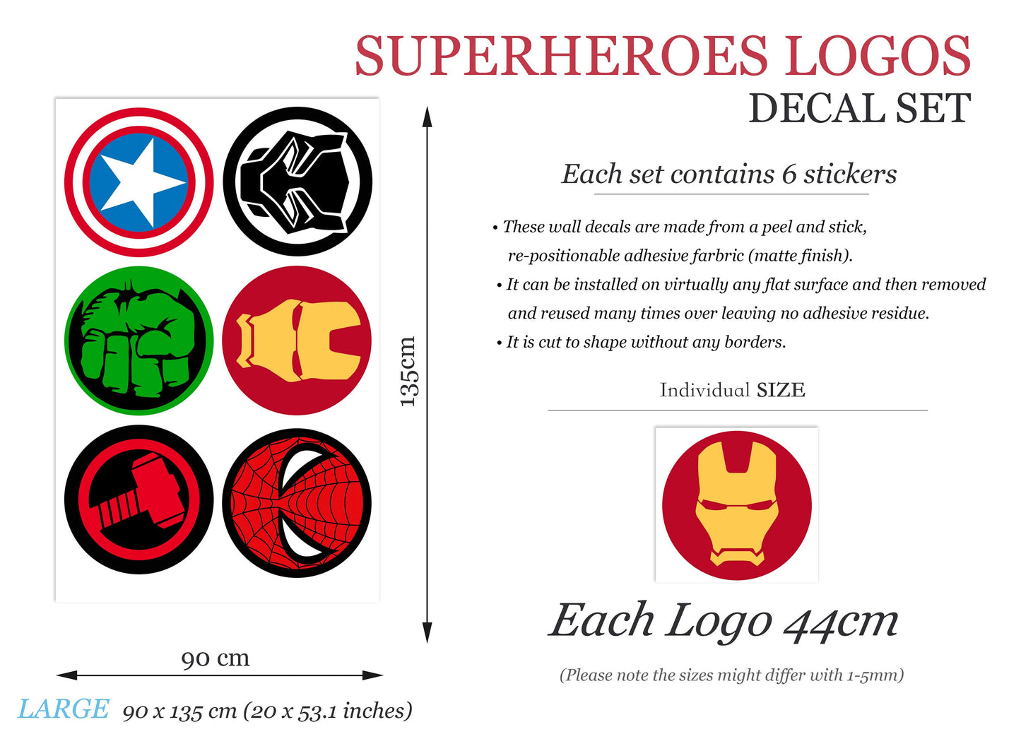 Super heroes Avengers LOGOS Spiderman Ironman Wall Decal - Boy's Room Gift