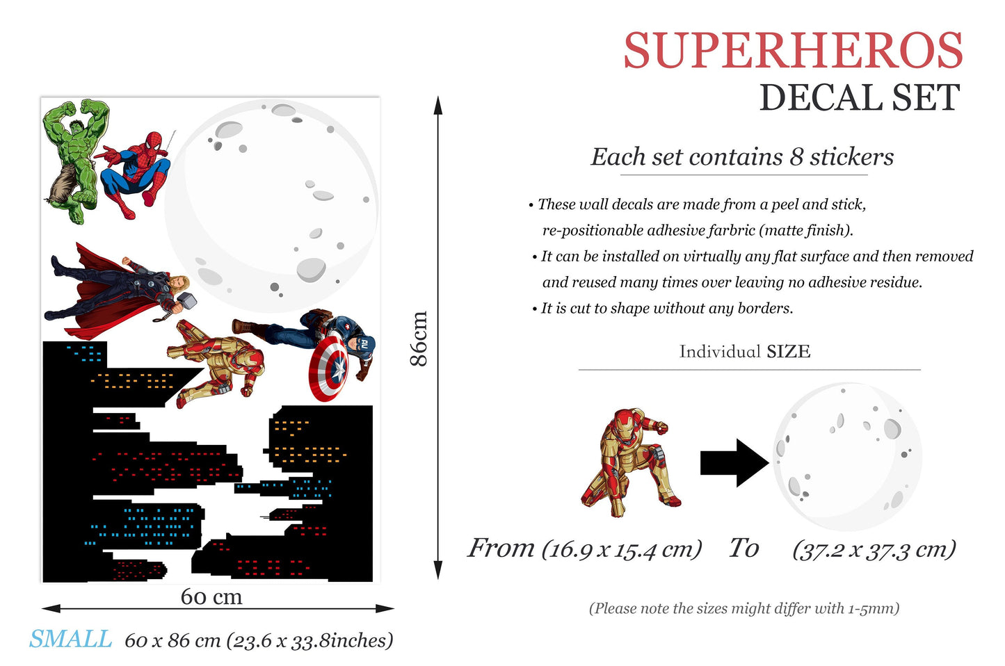 Marvel Heroes Epic Cityscape Wall Decal - Spiderman Iron Man Hulk - Boys Room Decoration