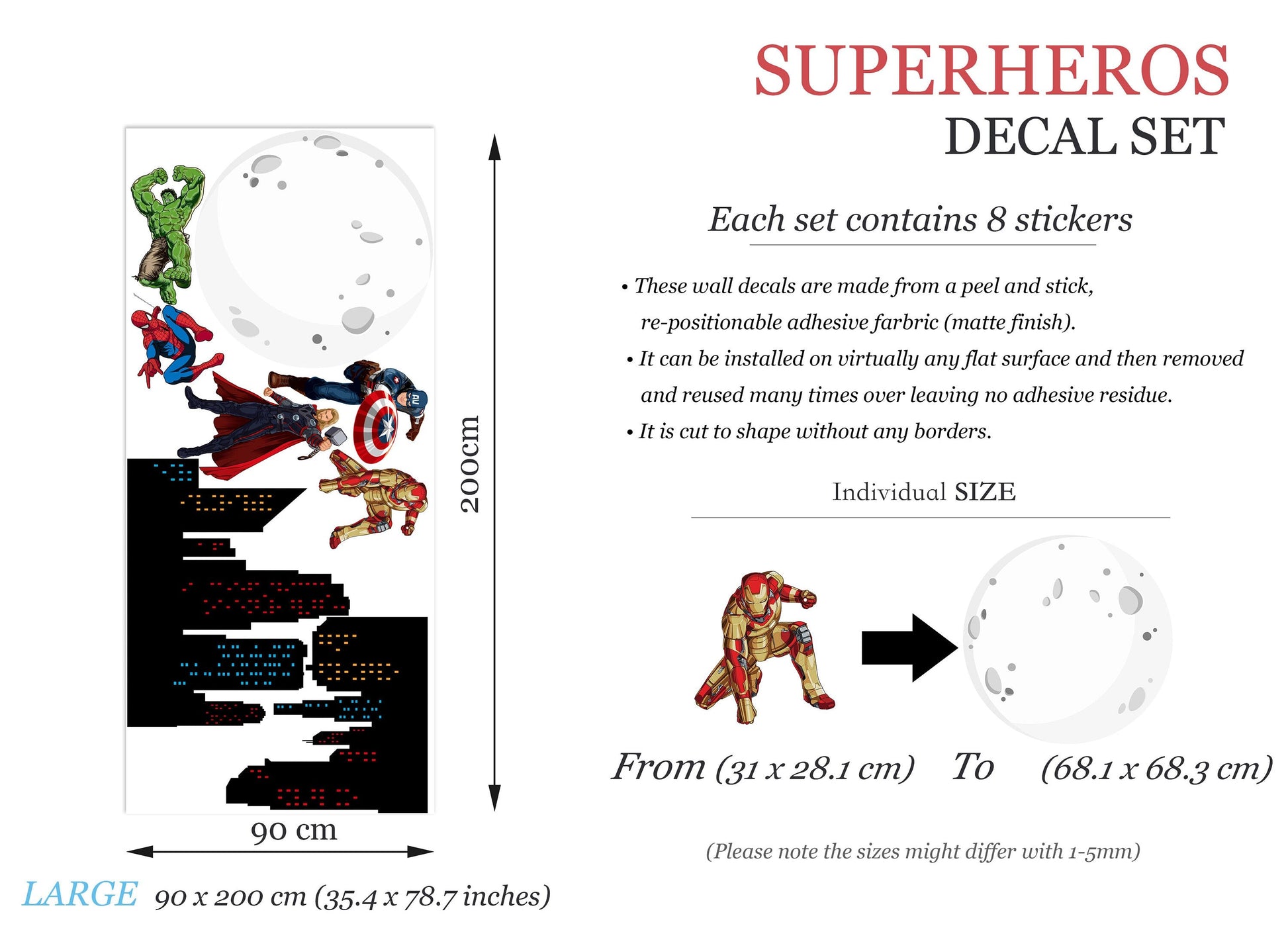 Marvel Heroes Epic Cityscape Wall Decal - Spiderman Iron Man Hulk - Boys Room Decoration
