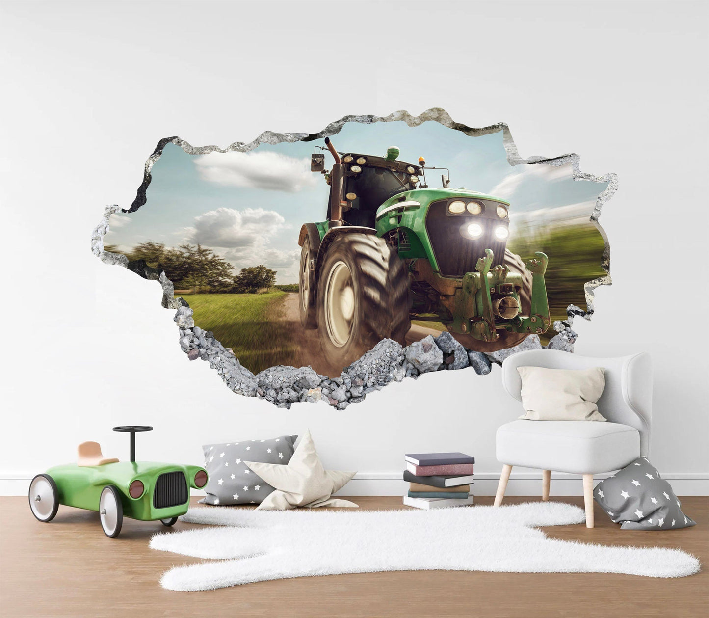 Rural Retreat Tractor on Farm behind a Broken Wall - Removable Peel and Stick