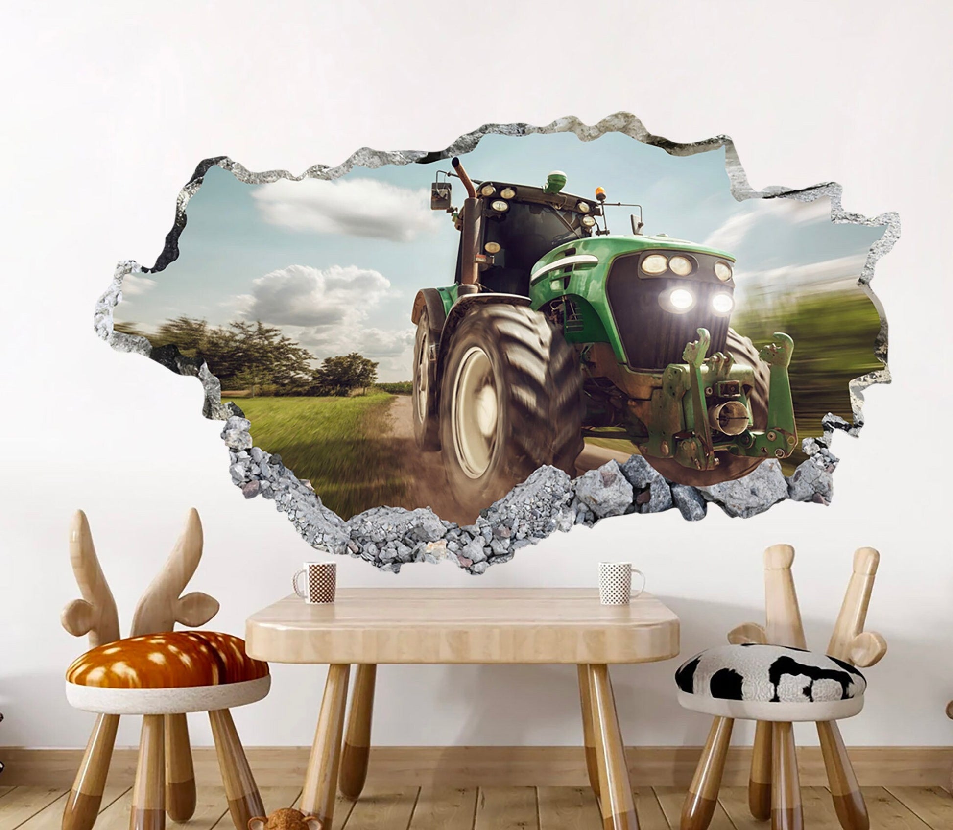 Rural Retreat Tractor on Farm behind a Broken Wall - Removable Peel and Stick