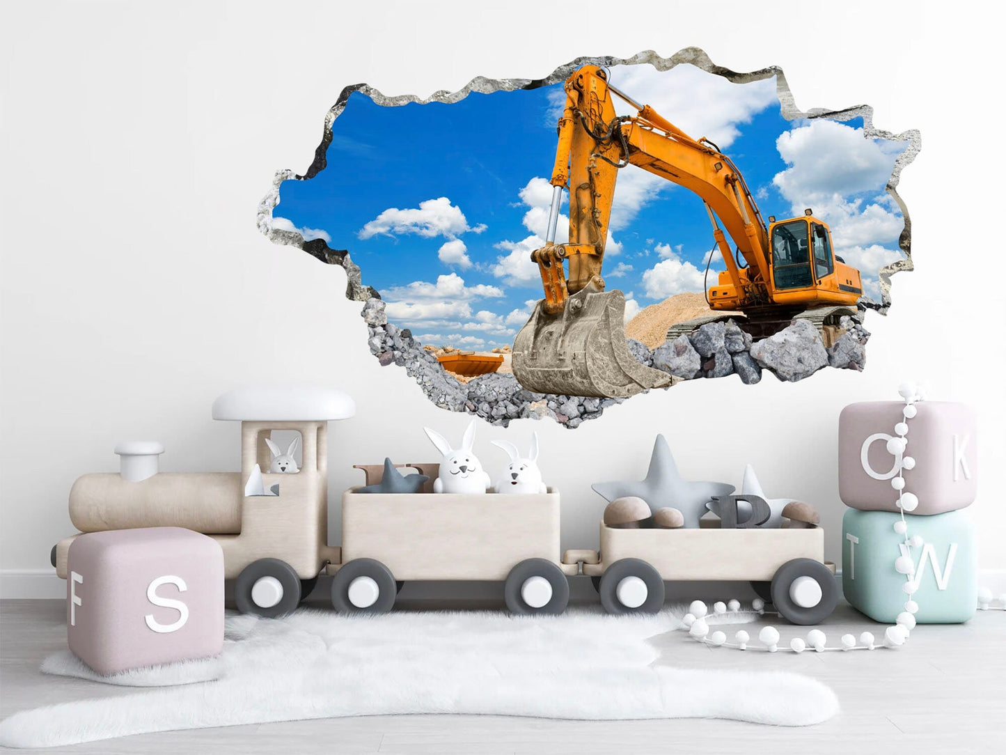 Mighty Excavator Breaks Through 3D Wall Decal - Construction Scene - BR301