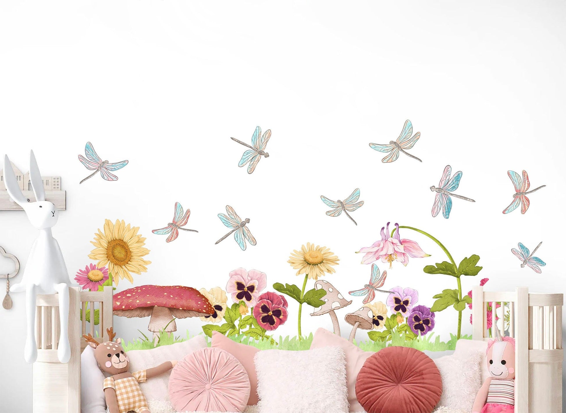 Jungle Wildlife and Flora Wall Decal - Sunflower Mushroom Flying Dragonflies - Kids Room Decor - BR288