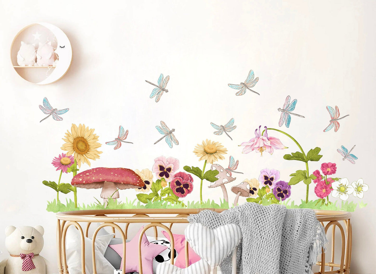 Jungle Wildlife and Flora Wall Decal - Sunflower Mushroom Flying Dragonflies - Kids Room Decor - BR288