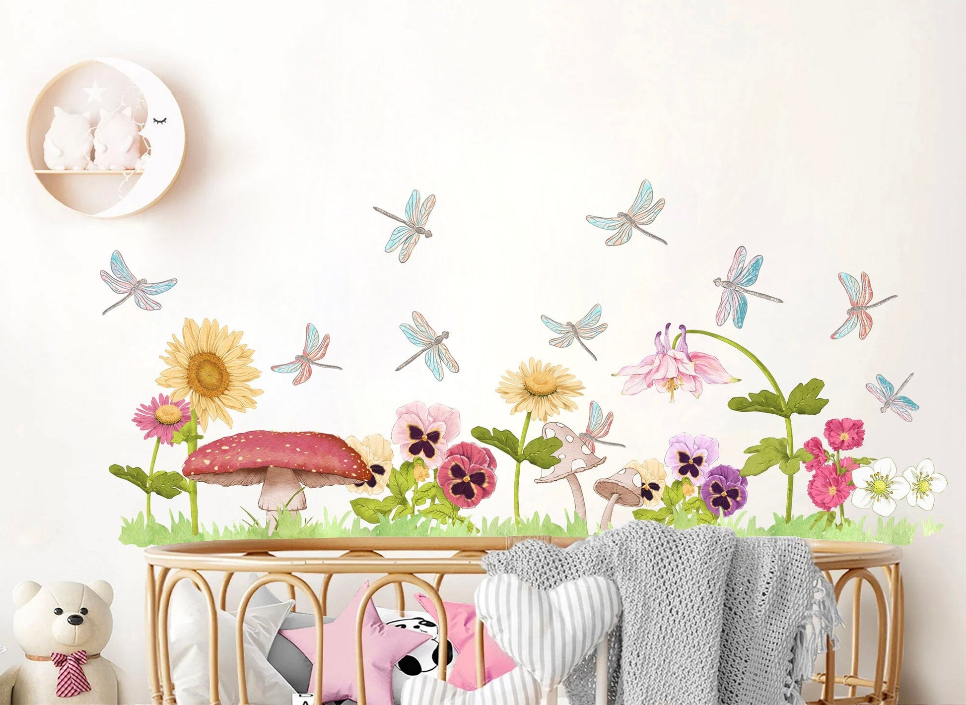 Jungle Wildlife and Flora Wall Decal - Sunflower Mushroom Flying Dragonflies - Kids Room Decor - BR288