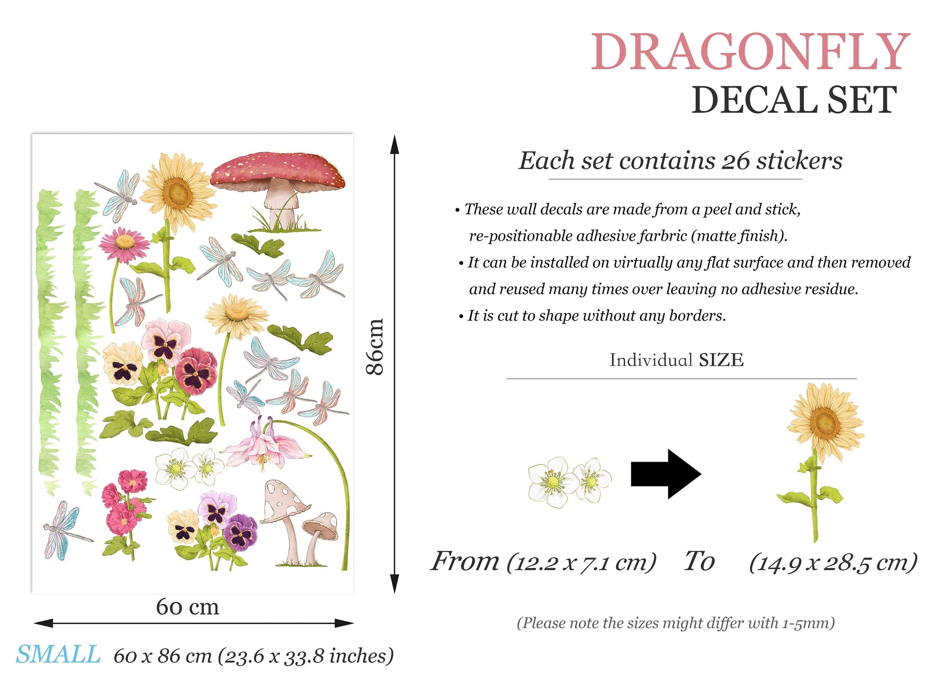 Jungle Wildlife and Flora Wall Decal - Sunflower Mushroom Flying Dragonflies - Kids Room Decor - BR288