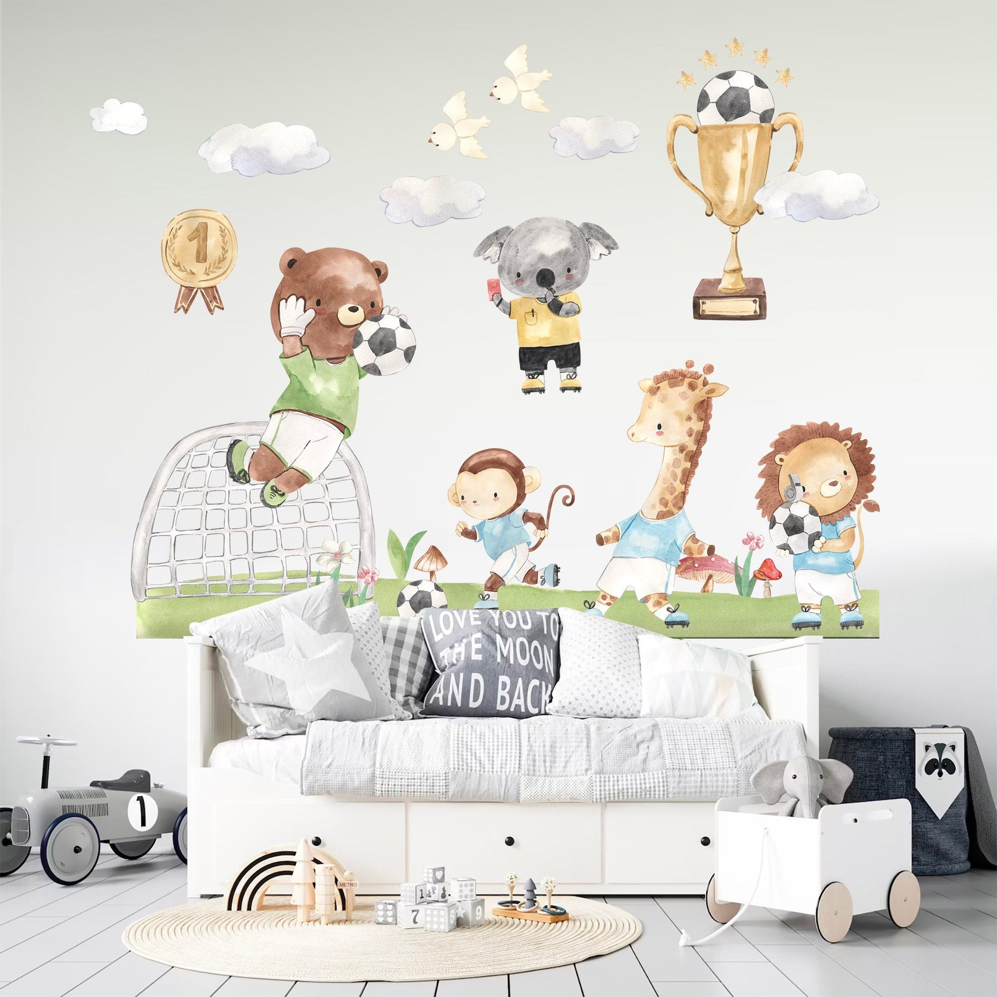 Baby Animals Soccer Game Wall Decal - bear koala lion giraffe  Monkey trophy - BR305