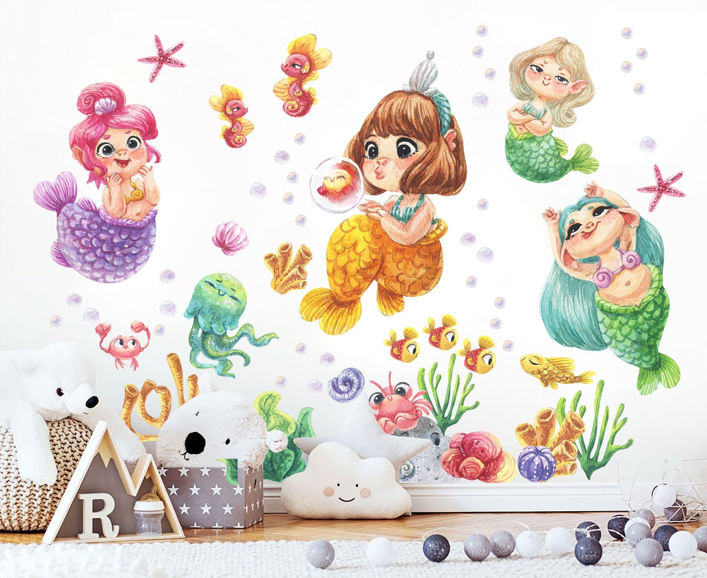 Playful Undersea Mermaids Cartoon Wall Decal - Seahorse Jellyfish Crab & More! Whimsical Watercolor Style for Kids Room - BR307