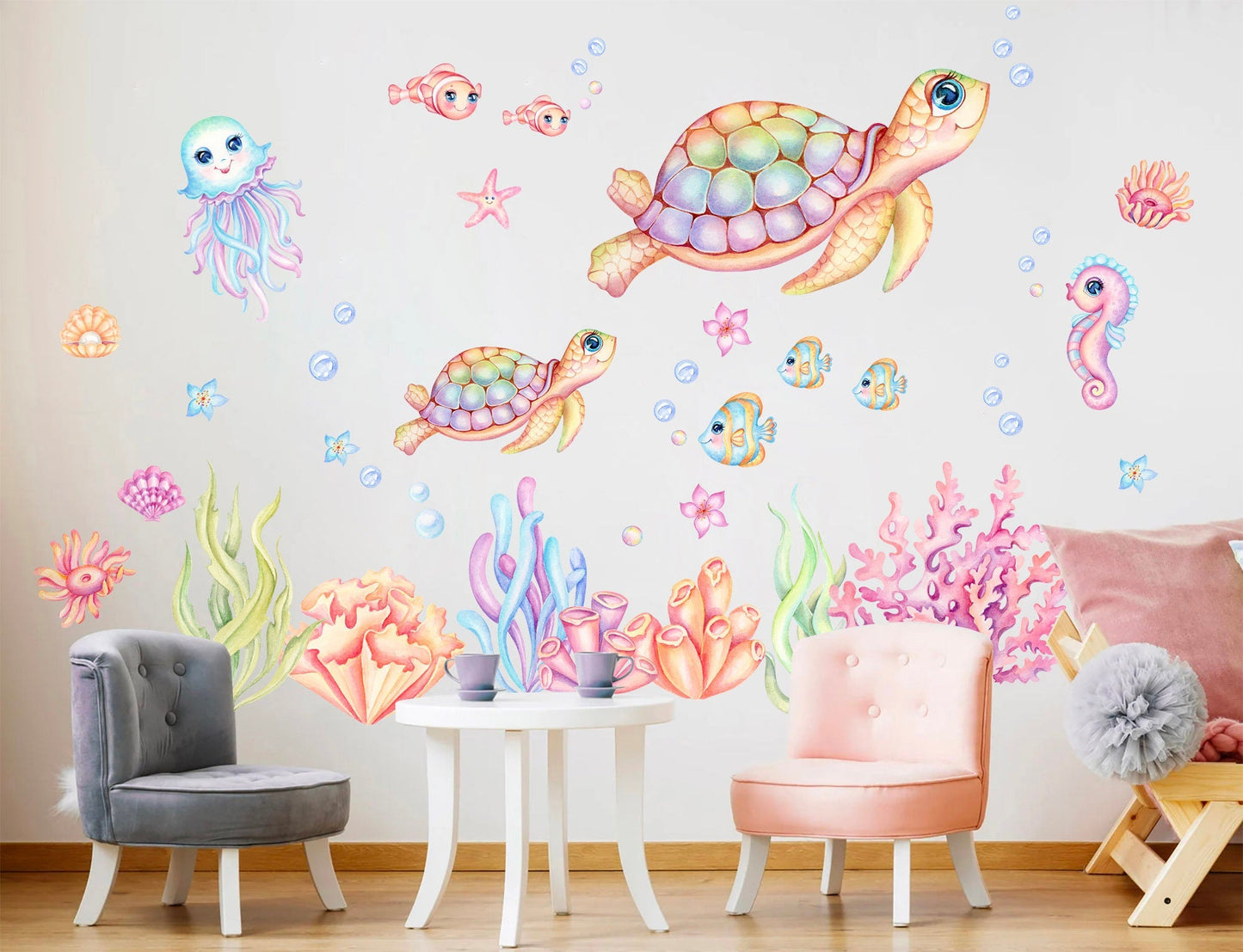 Pink Green Undersea Adventure Wall Decal - Turtle Mom and Baby Play with Octopus and Seahorse Friends - BR306