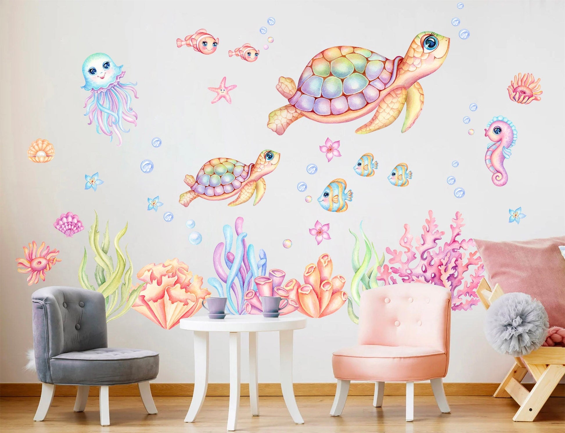 Pink Green Undersea Adventure Wall Decal - Turtle Mom and Baby Play with Octopus and Seahorse Friends - BR306