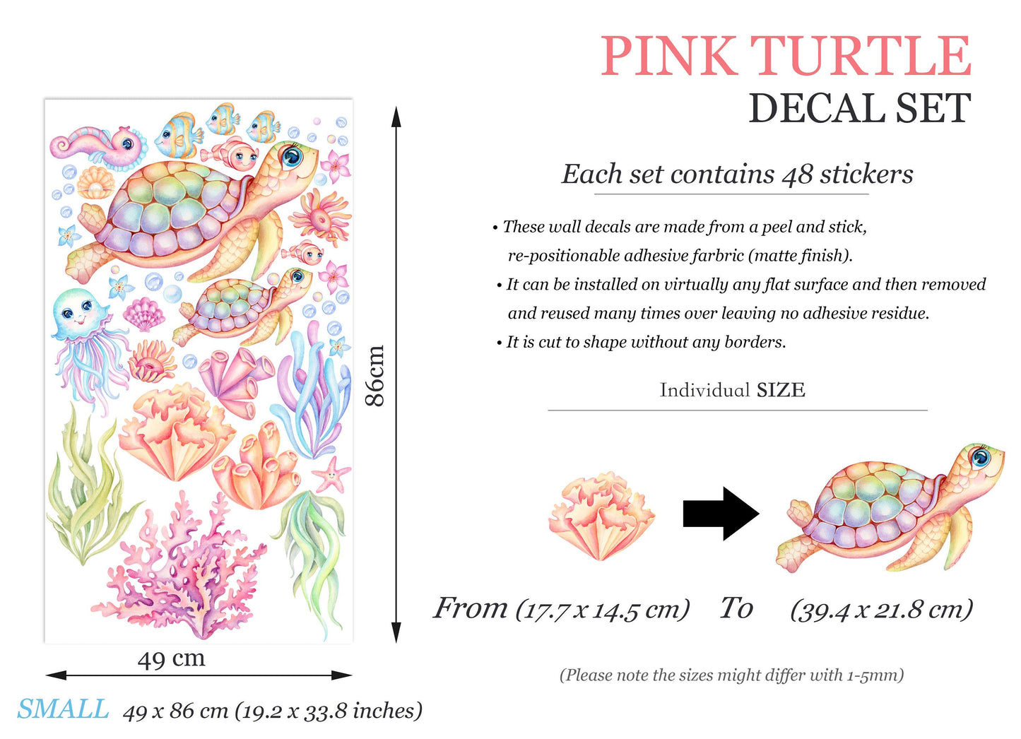 Pink Green Undersea Adventure Wall Decal - Turtle Mom and Baby Play with Octopus and Seahorse Friends - BR306