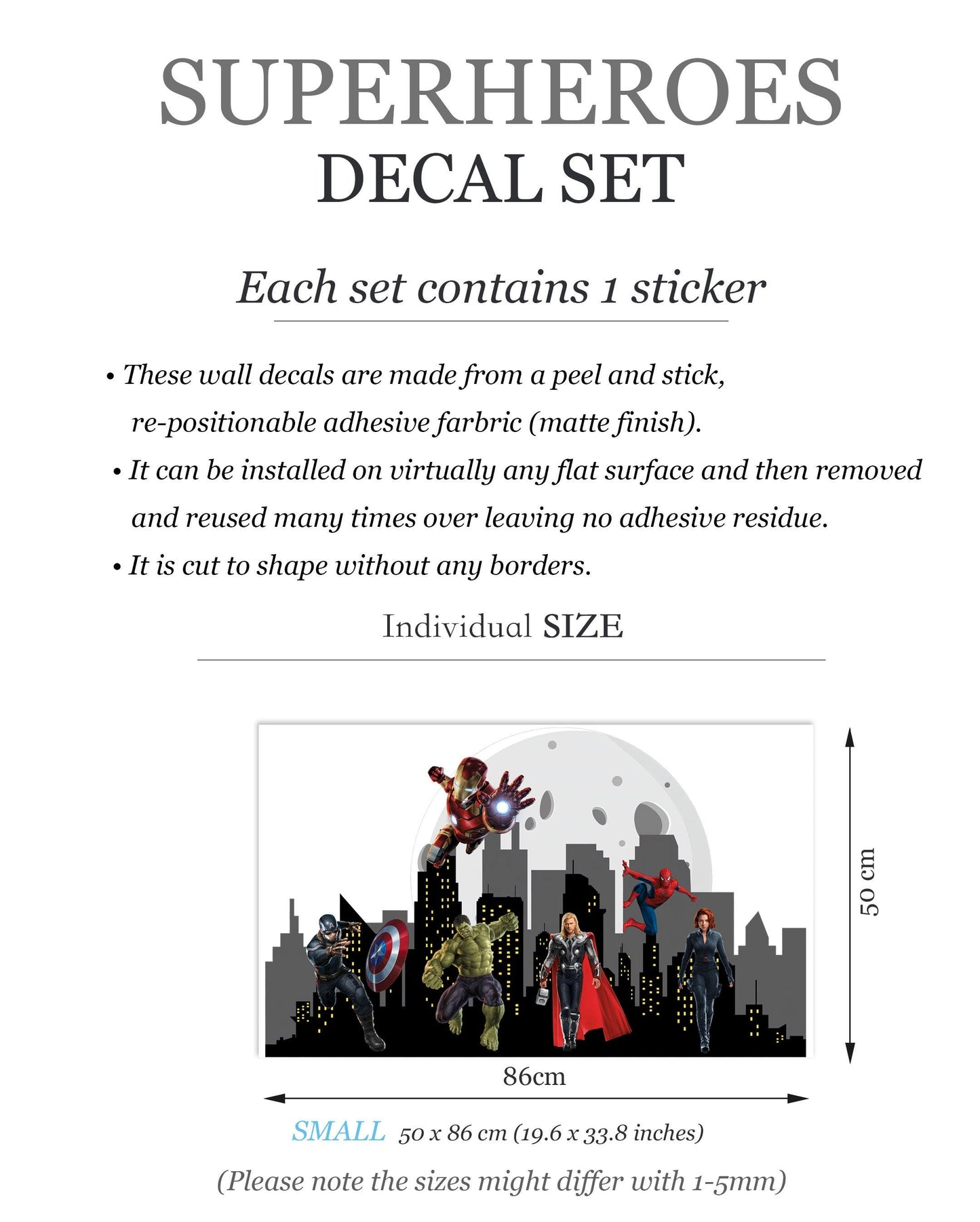 Marvel Heroes Cityscape Skyline Silhouette Wall Decal - Hulk Spiderman Captain America