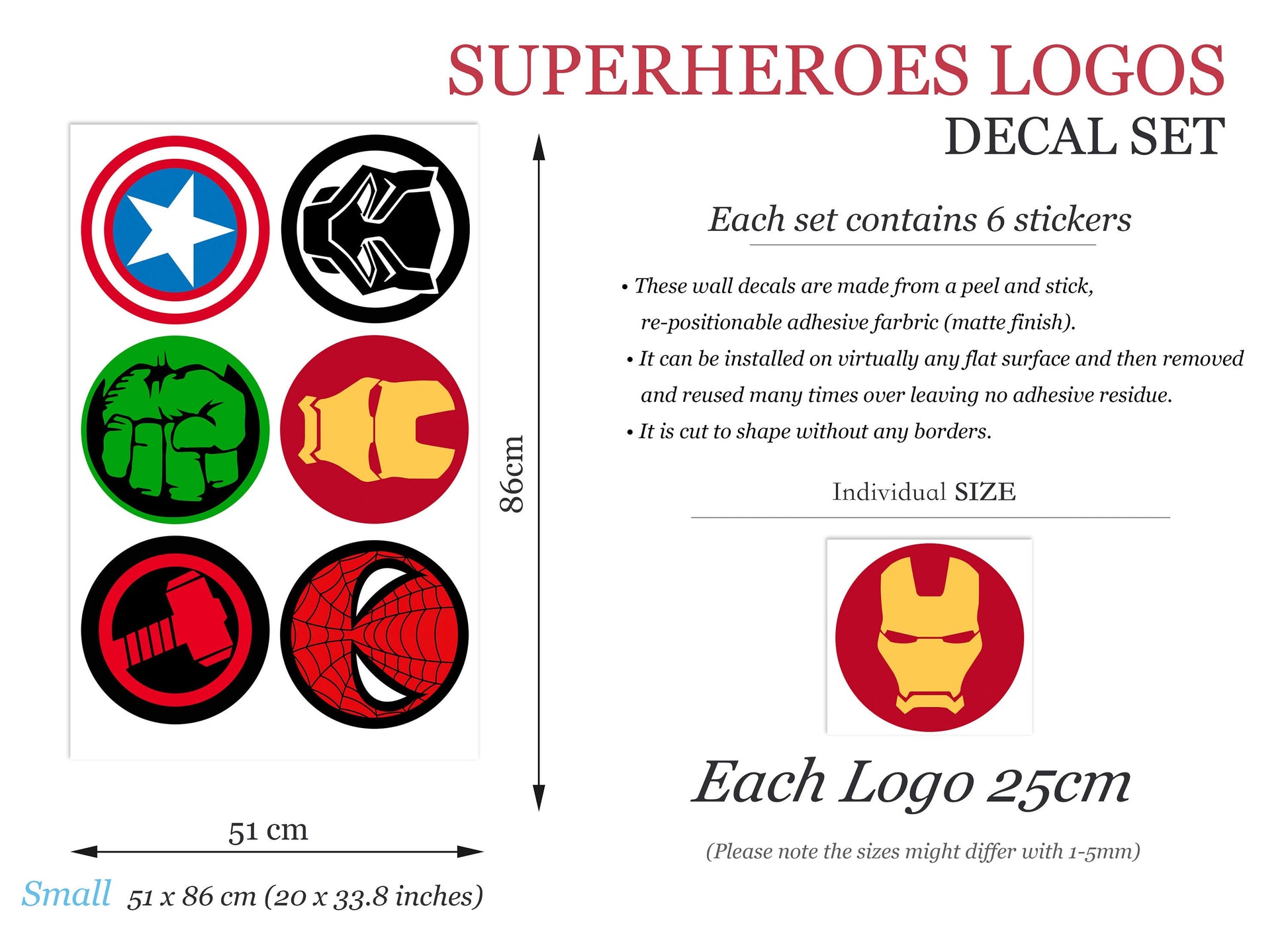 Super heroes Avengers LOGOS Spiderman Ironman Wall Decal - Boy's Room Gift