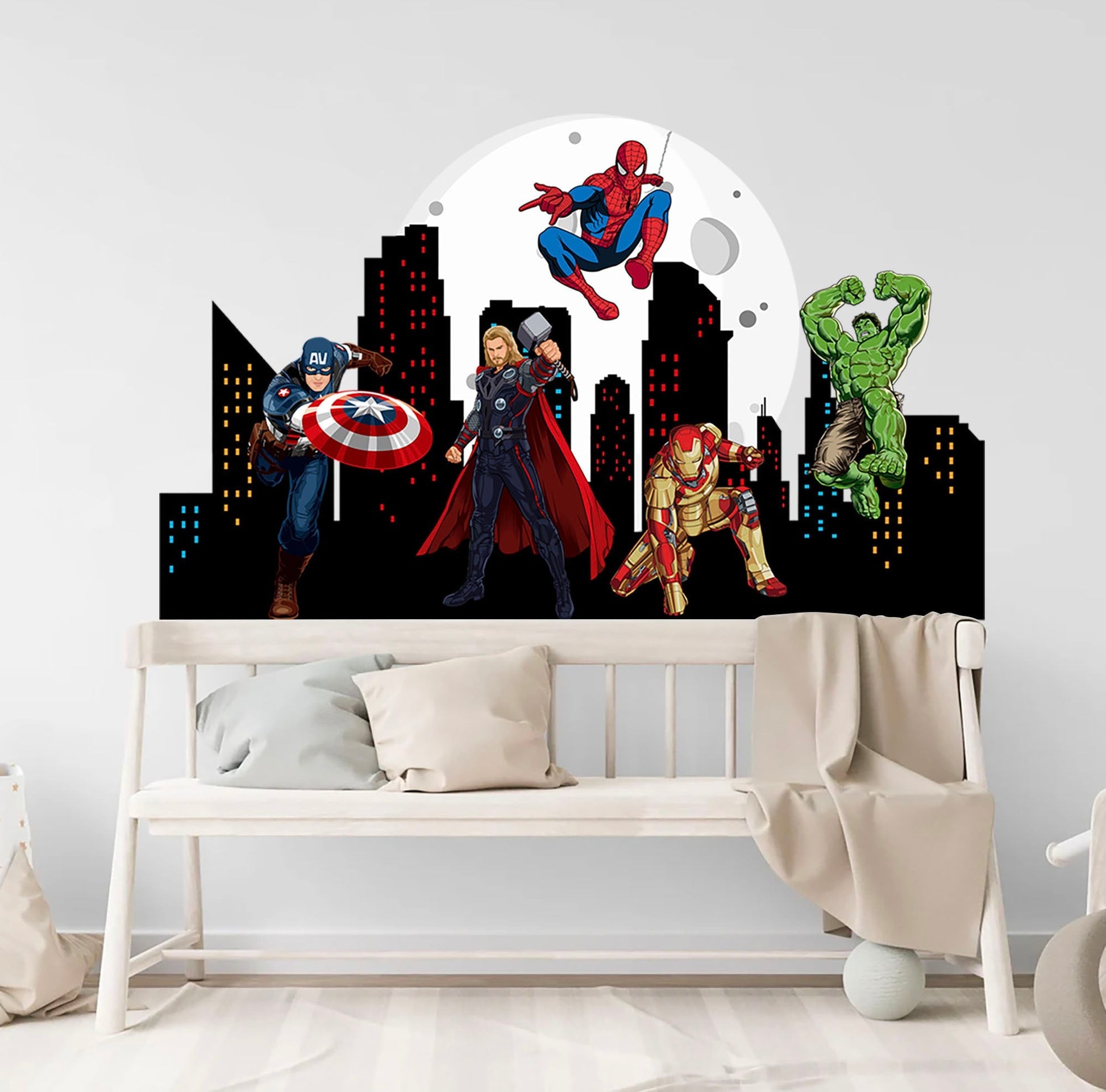 Marvel Heroes Epic Cityscape Wall Decal - Spiderman Iron Man Hulk - Boys Room Decoration