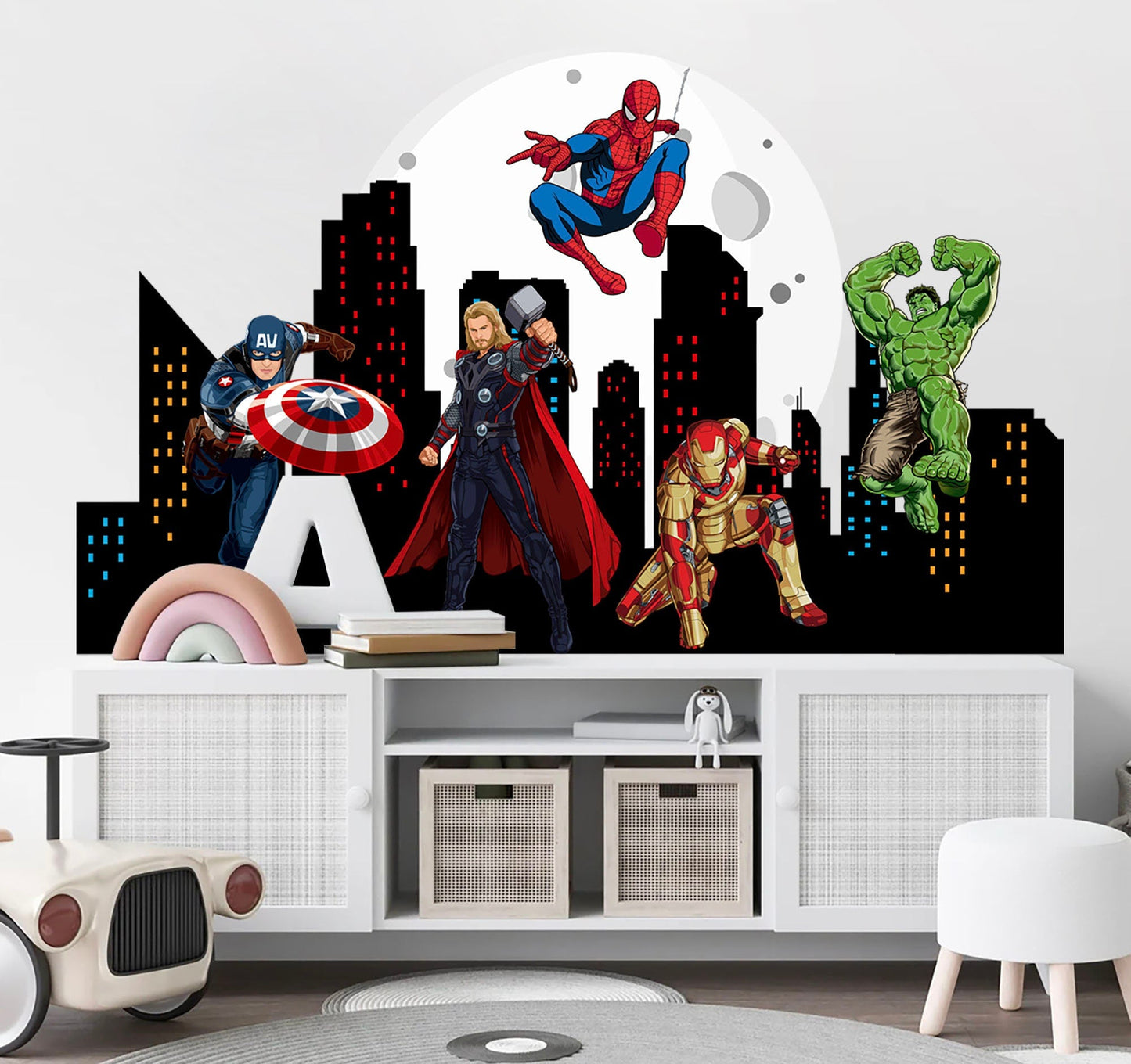 Marvel Heroes Epic Cityscape Wall Decal - Spiderman Iron Man Hulk - Boys Room Decoration