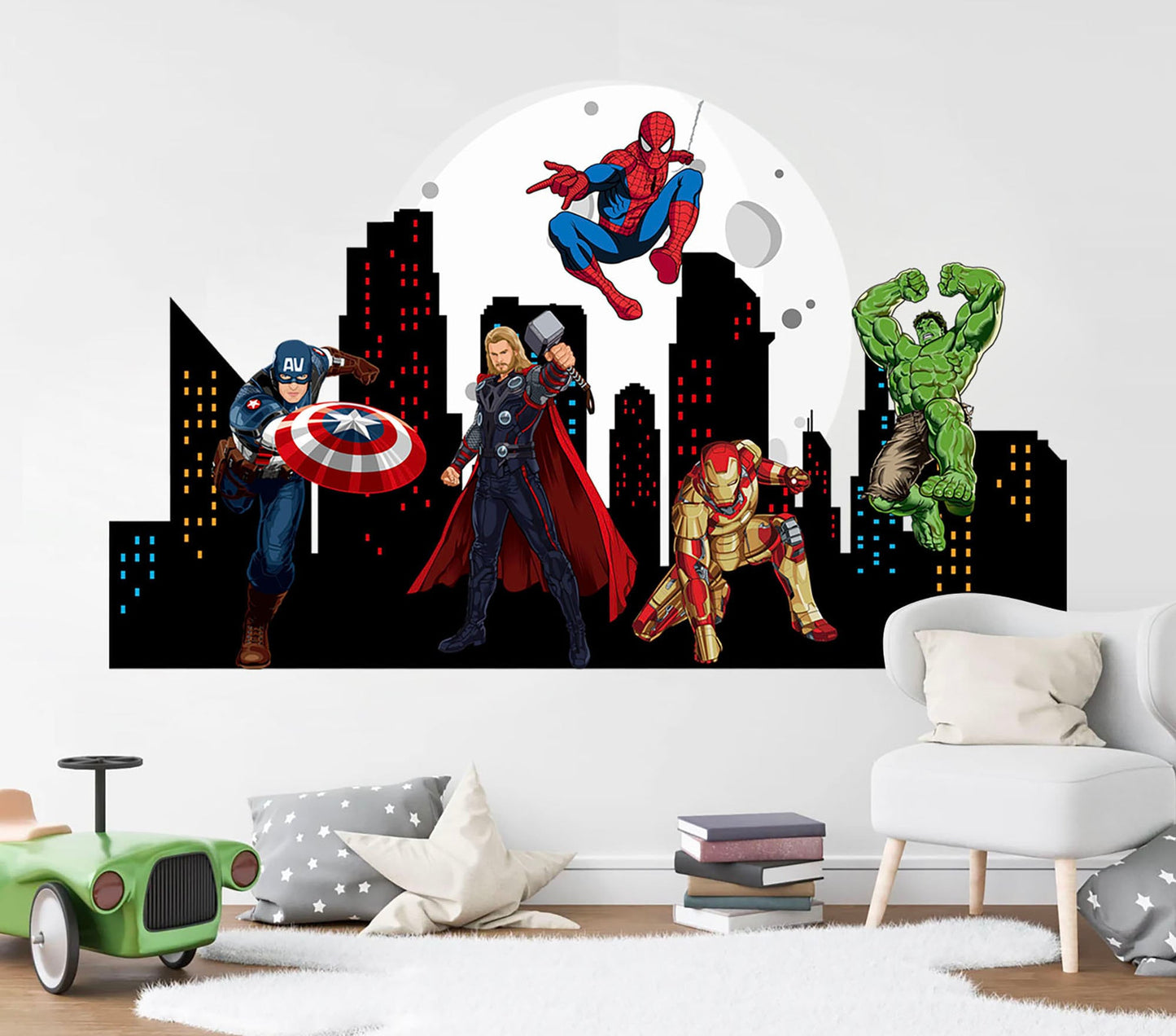 Marvel Heroes Epic Cityscape Wall Decal - Spiderman Iron Man Hulk - Boys Room Decoration