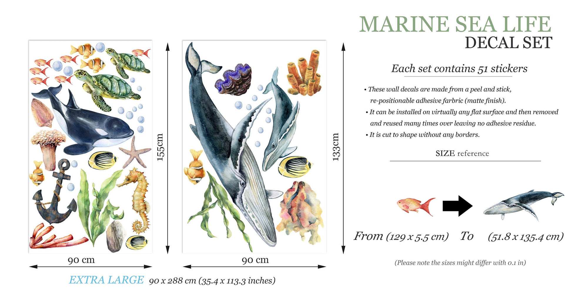 Marine Life Underwater Wall Decal - Whale Dolphin Sea Turtle Seahorse - Removable Peel and Stick - BR145