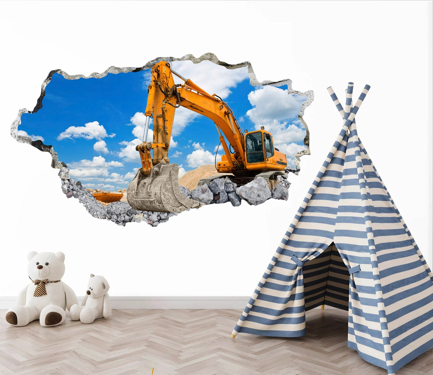 Mighty Excavator Breaks Through 3D Wall Decal - Construction Scene - BR301