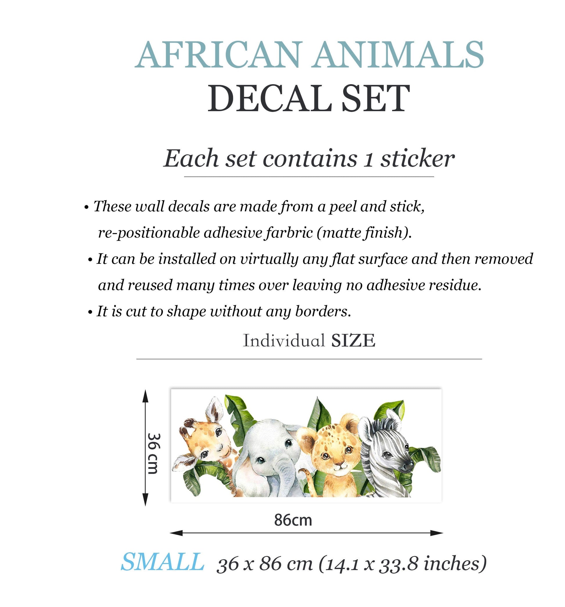 African Baby Animals Palm Tree Wall Decal - Giraffe, Elephant, Lion, Zebra -BR315