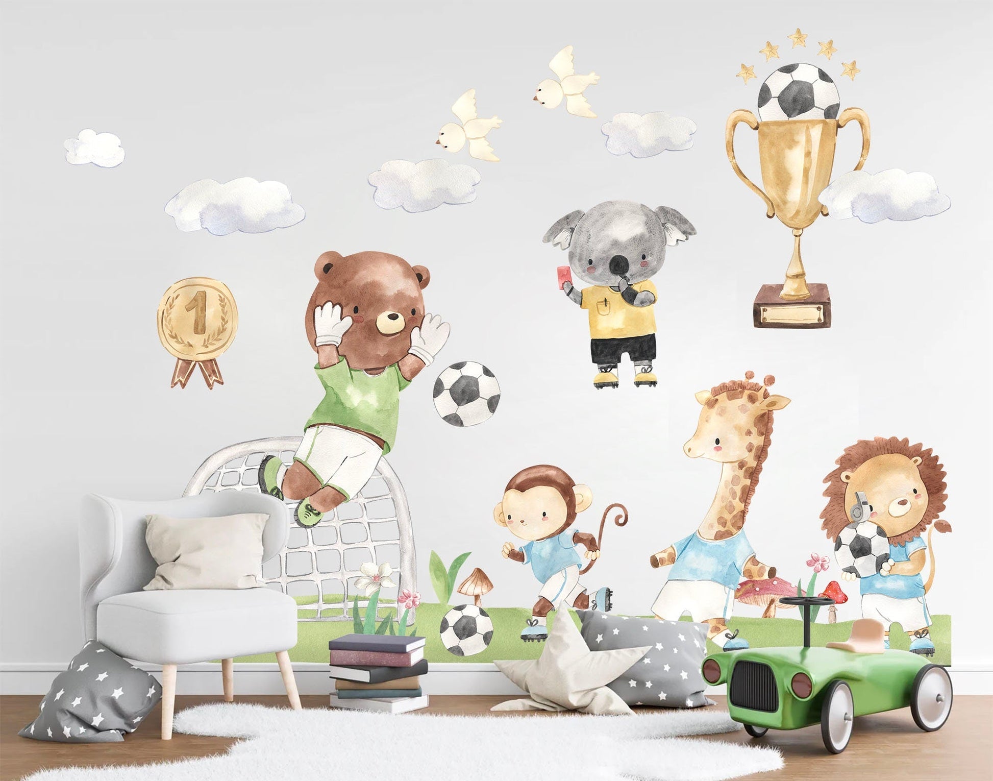 Baby Animals Soccer Game Wall Decal - bear koala lion giraffe  Monkey trophy - BR305