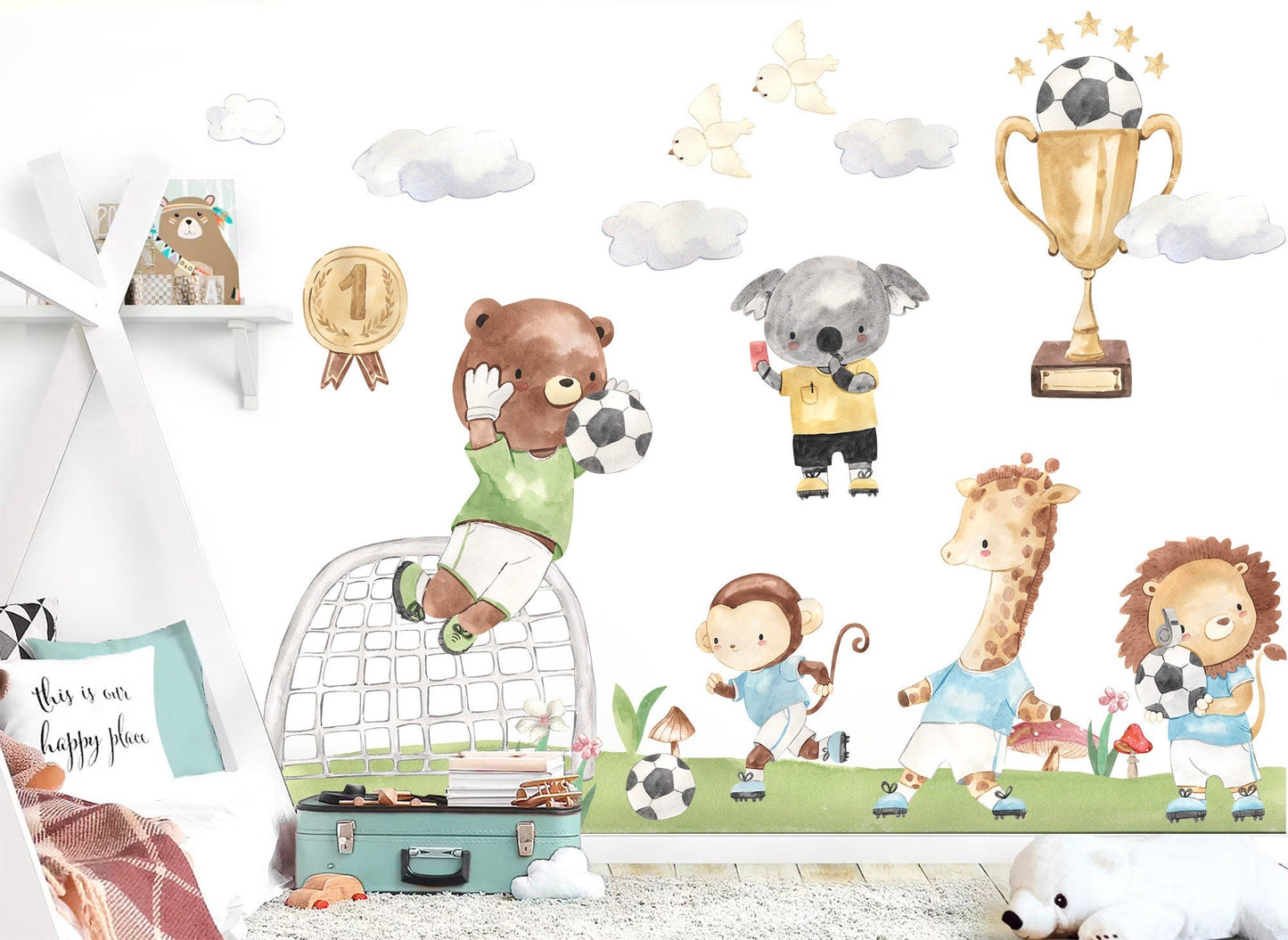 Baby Animals Soccer Game Wall Decal - bear koala lion giraffe  Monkey trophy - BR305