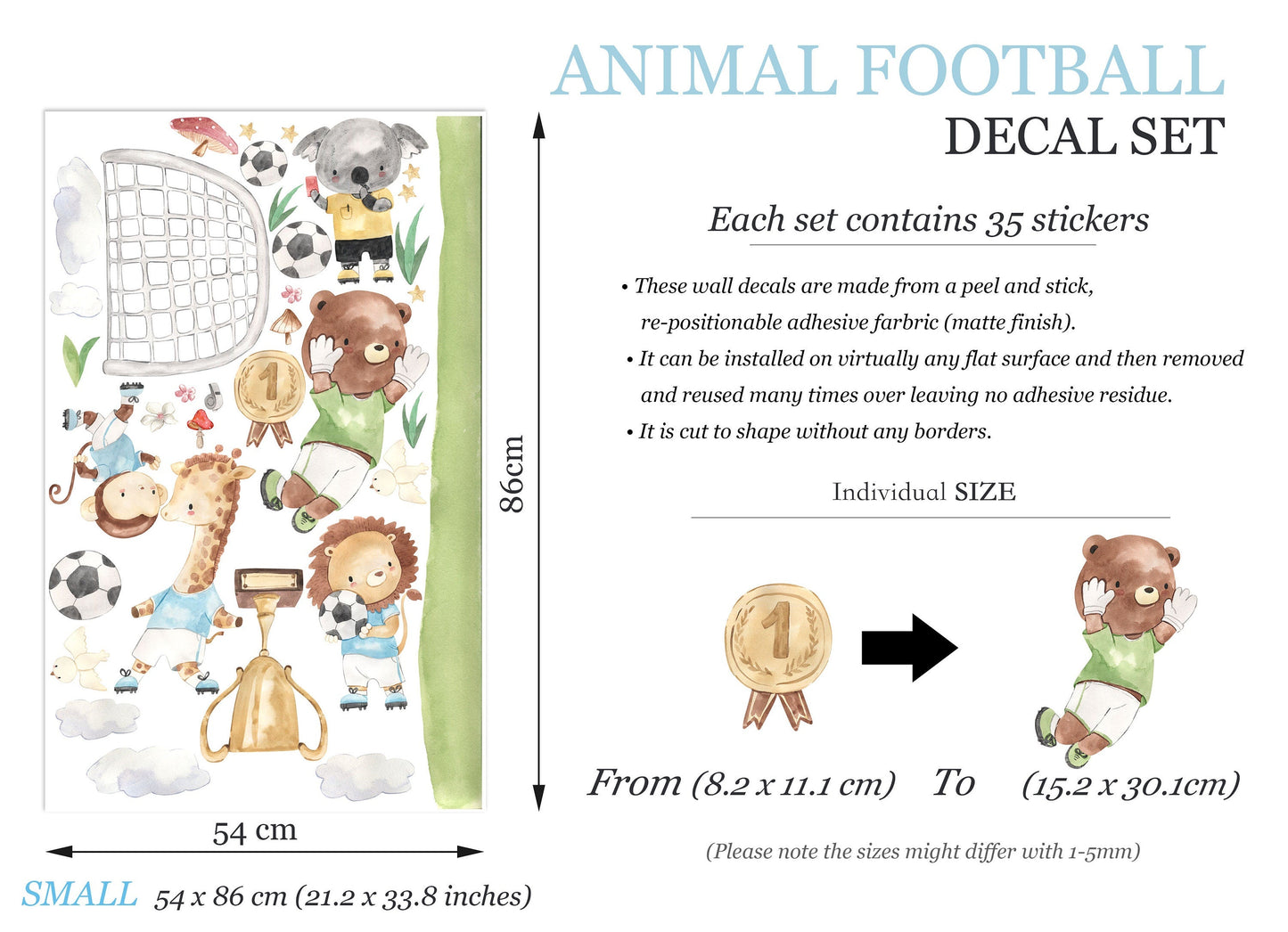 Baby Animals Soccer Game Wall Decal - bear koala lion giraffe  Monkey trophy - BR305