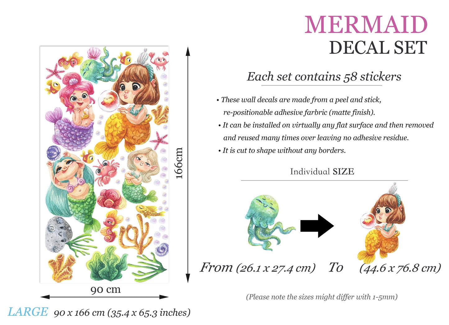 Playful Undersea Mermaids Cartoon Wall Decal - Seahorse Jellyfish Crab & More! Whimsical Watercolor Style for Kids Room - BR307
