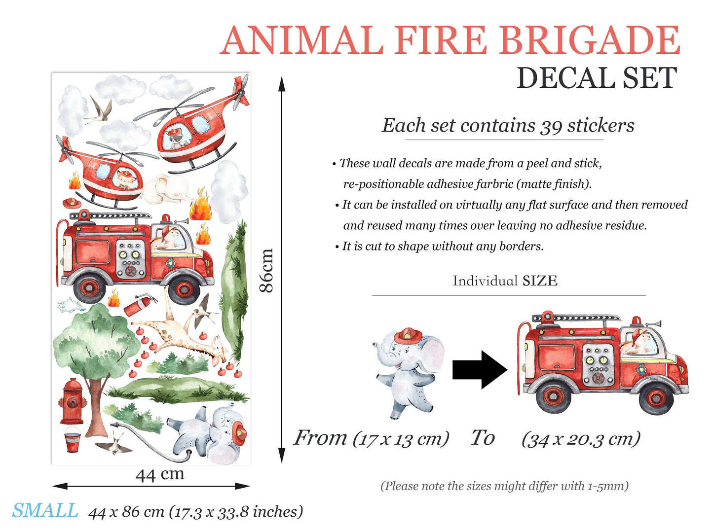 Animal Fire Brigade Rescue Fire Truck Helicopter Giraffe Elephant Wall Decal - BR318L
