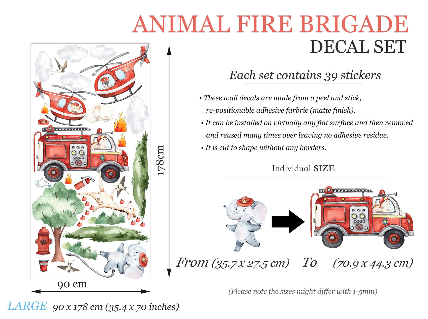 Animal Fire Brigade Rescue Fire Truck Helicopter Giraffe Elephant Wall Decal - BR318L
