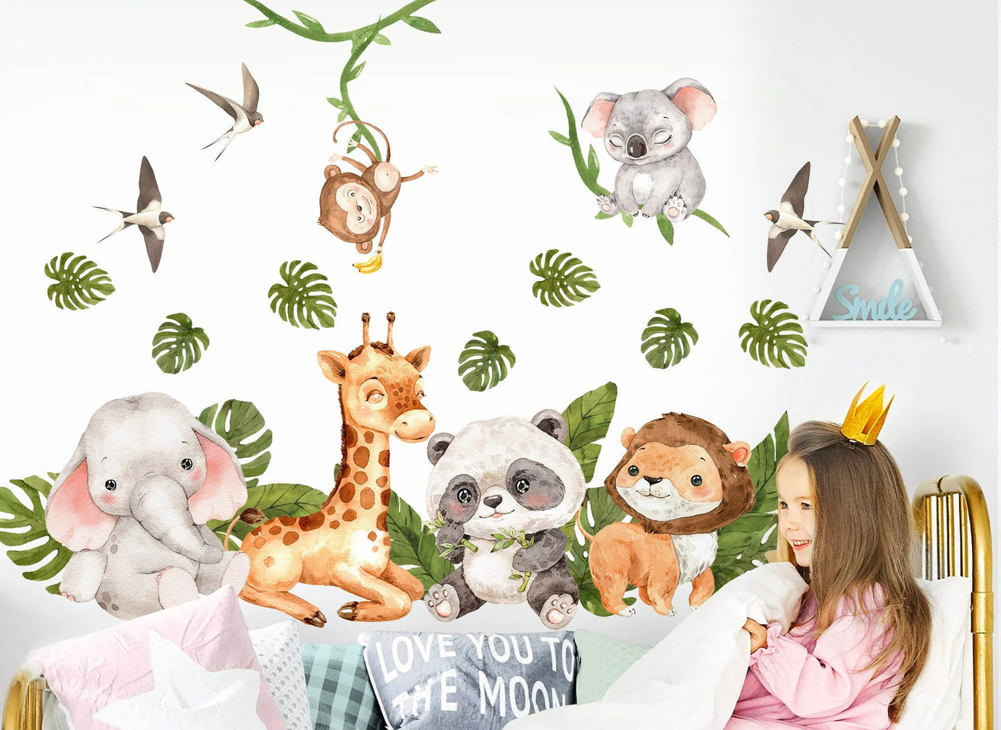 African Baby Animals Wall Decal - Giraffe, Elephant, Lion, Panda, Monkey, Koala in Palm Leaves - BR321
