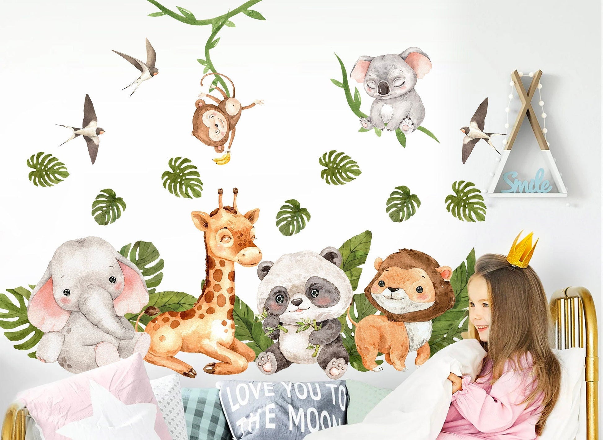 African Baby Animals Wall Decal - Giraffe, Elephant, Lion, Panda, Monkey, Koala in Palm Leaves - BR321