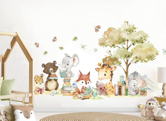 Safari Animals Learning Adventure Wall Decal - Giraffes Leopards Elephants Foxes - BR324