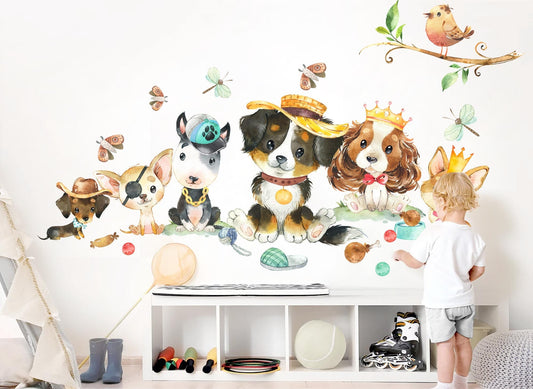 Adorable Watercolor Puppy Wall Decal - Cute Puppies Sitting on Grass - Perfect for Kids Room Decor - BR326