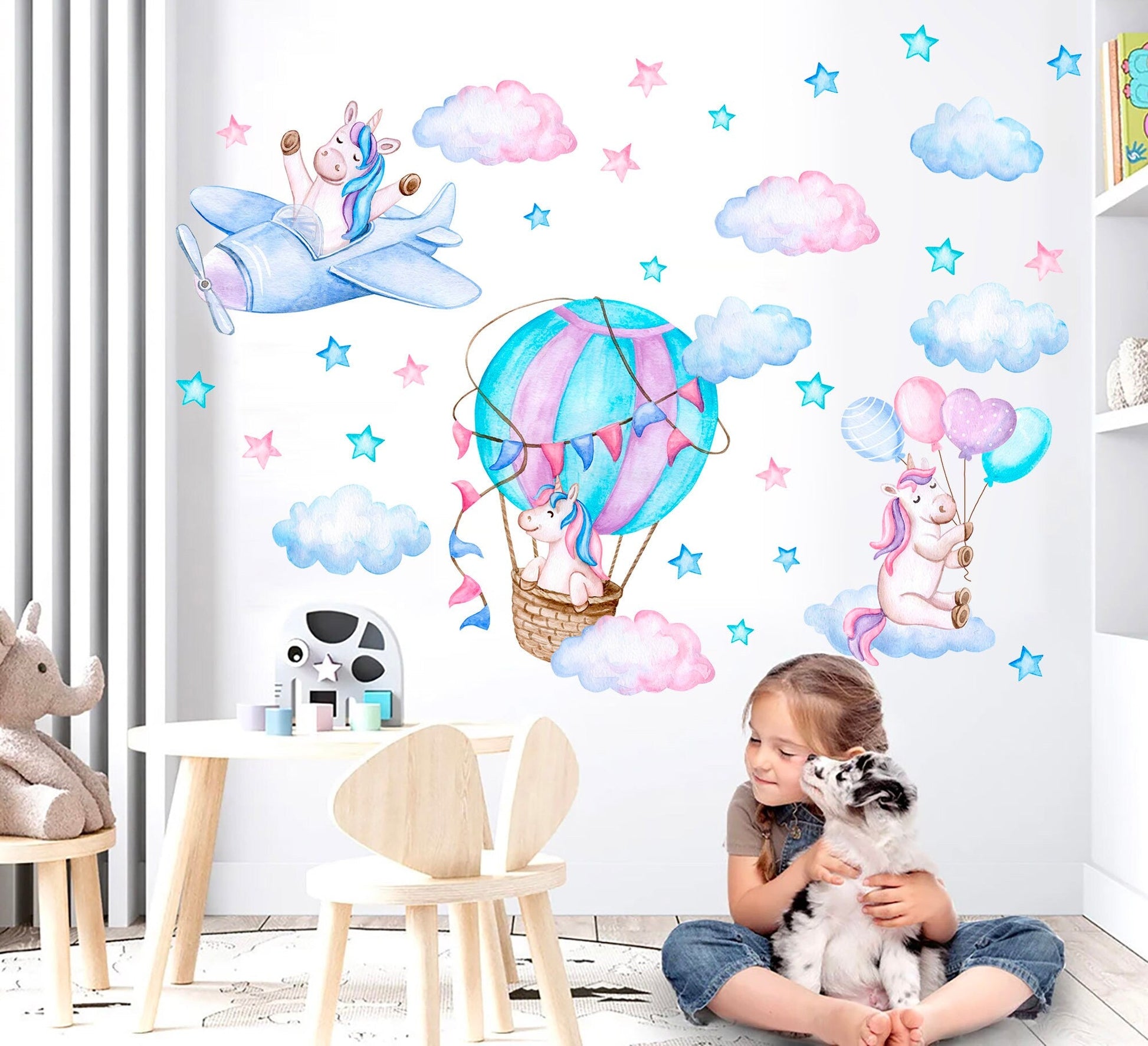 Enchanted Unicorn Adventures Wall Decal - Hot Air Balloon Helicopter Cloud - BR316