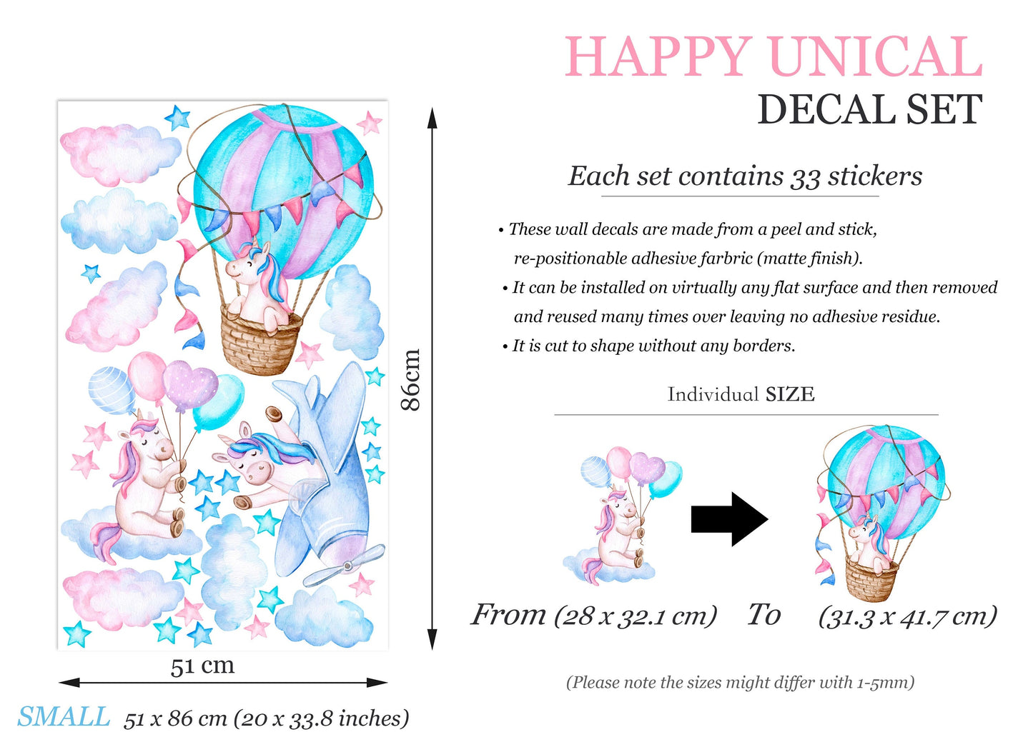 Enchanted Unicorn Adventures Wall Decal - Hot Air Balloon Helicopter Cloud - BR316