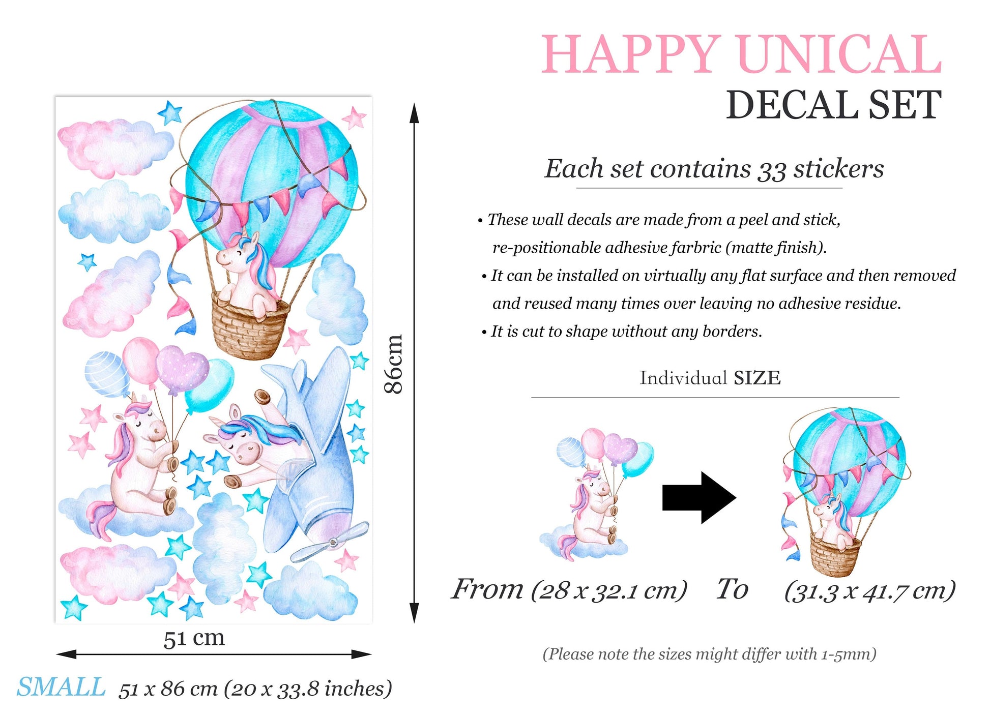 Enchanted Unicorn Adventures Wall Decal - Hot Air Balloon Helicopter Cloud - BR316