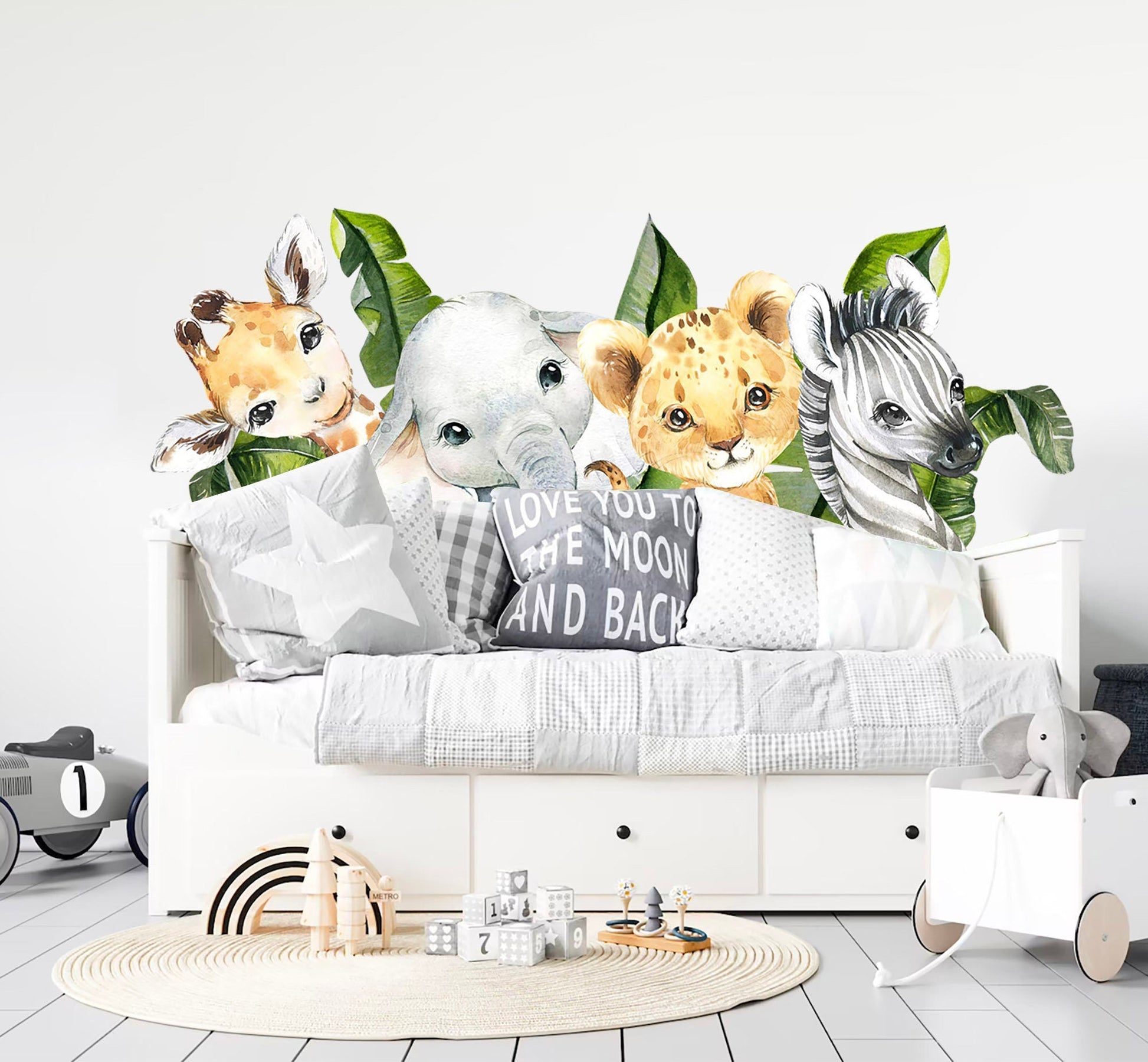 African Baby Animals Palm Tree Wall Decal - Giraffe, Elephant, Lion, Zebra -BR315