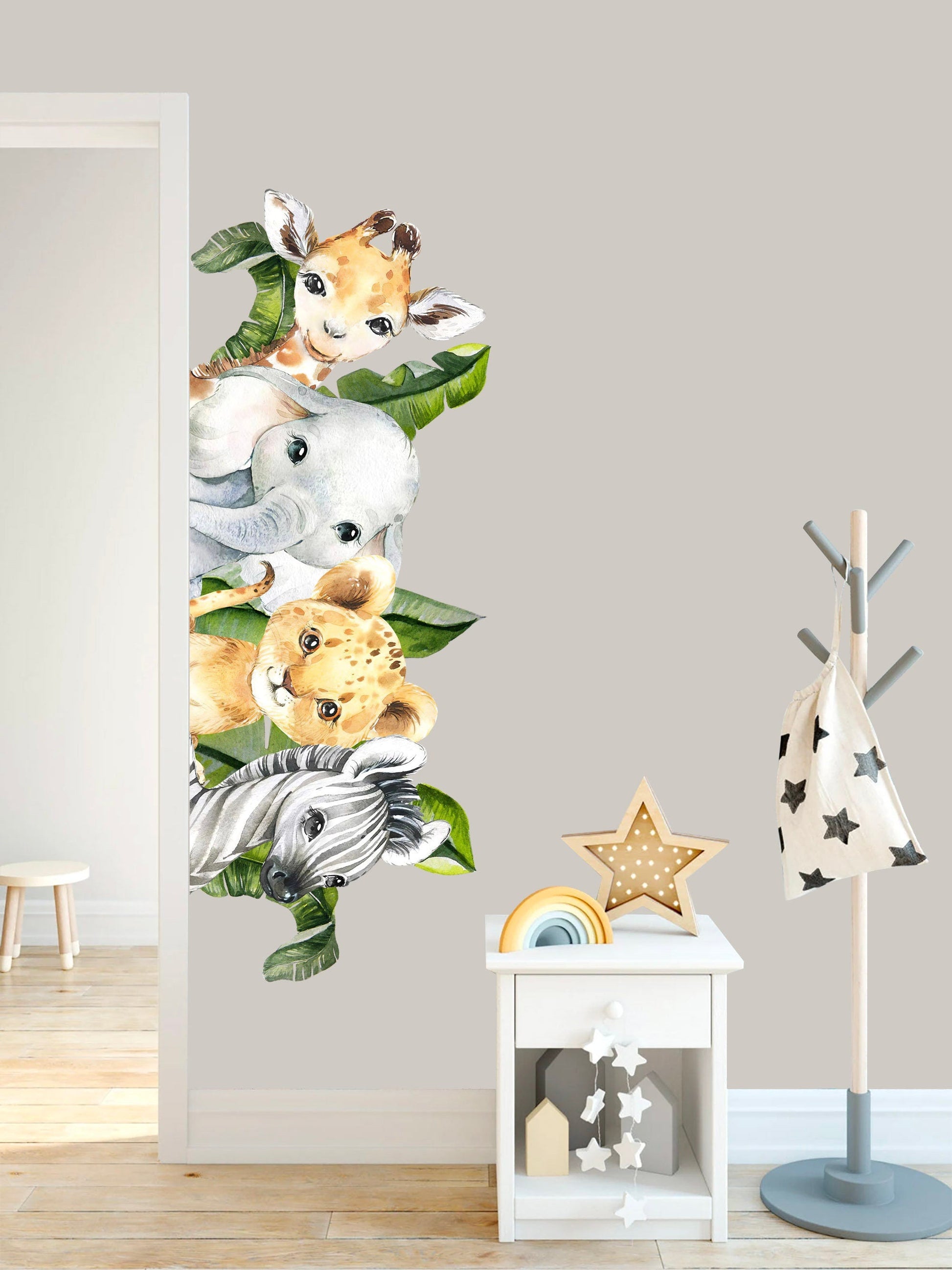 African Baby Animals Palm Tree Wall Decal - Giraffe, Elephant, Lion, Zebra -BR315