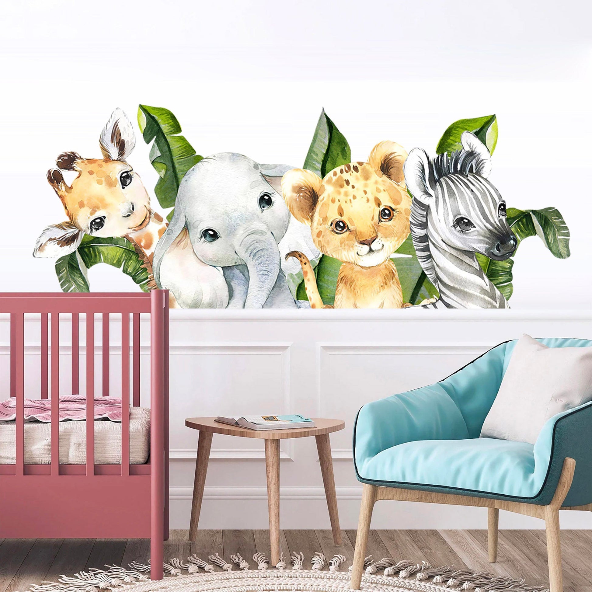 African Baby Animals Palm Tree Wall Decal - Giraffe, Elephant, Lion, Zebra -BR315